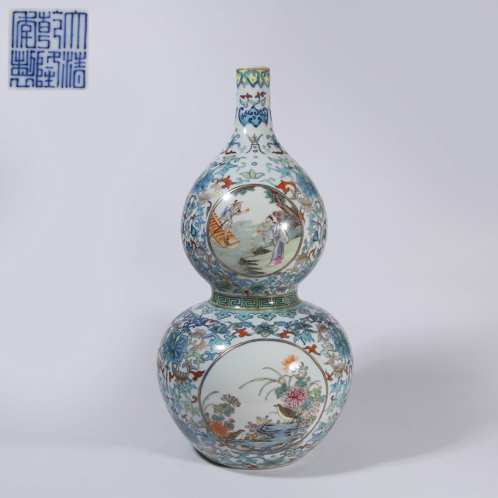 A DOUCAI GOURD-SHAPED VASE WITH BAOXIANG FLOWER CARTOUCHES ENCLOSING FAMILLE-ROSE LANDSCAPE SCENES (1 of 10)