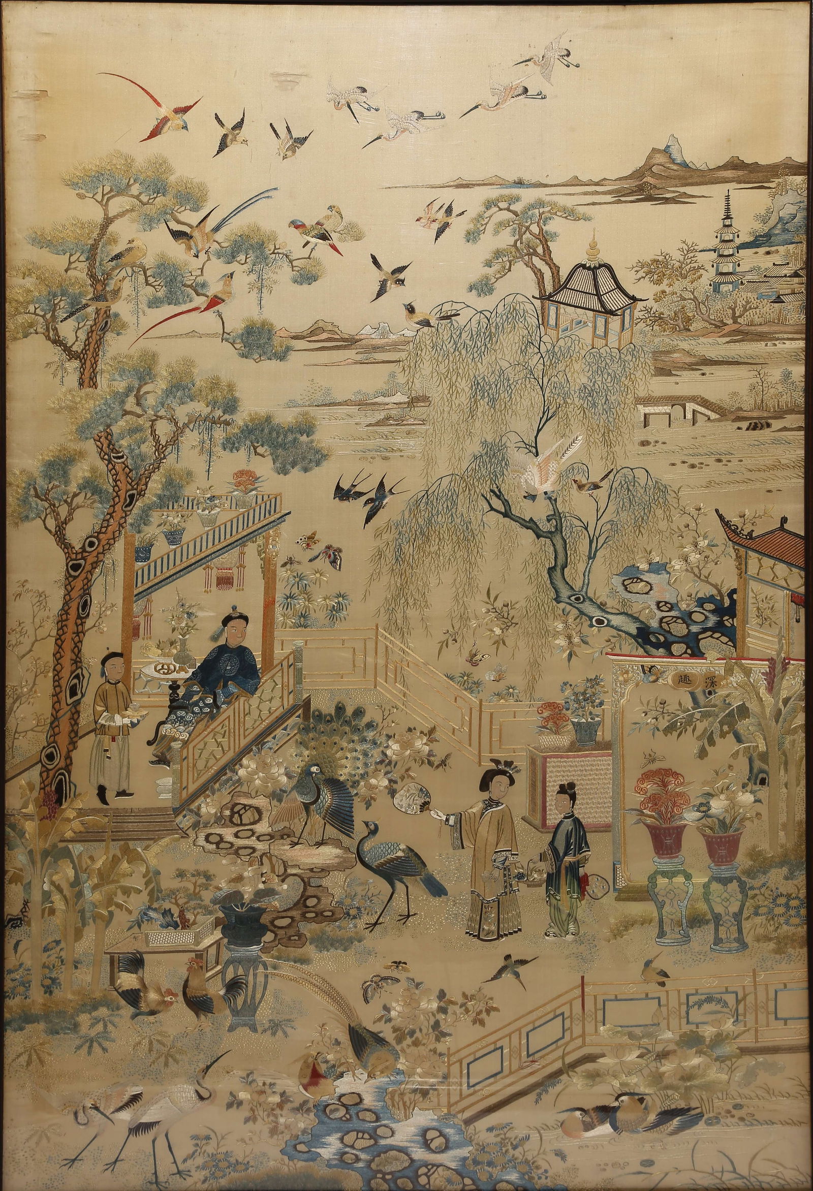 A EMBROIDERED "RETURNING HOME IN GLORY" LARGE HANGING SCREEN: Embroidered "Returning Home in Glory" Large Hanging Screen