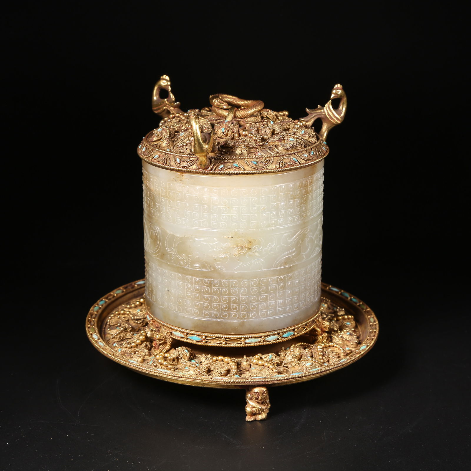 A GILT SILVER INCENSE BURNER WITH ANCIENT JADE INLAY: Gilt silver incense burner with ancient jade inlay