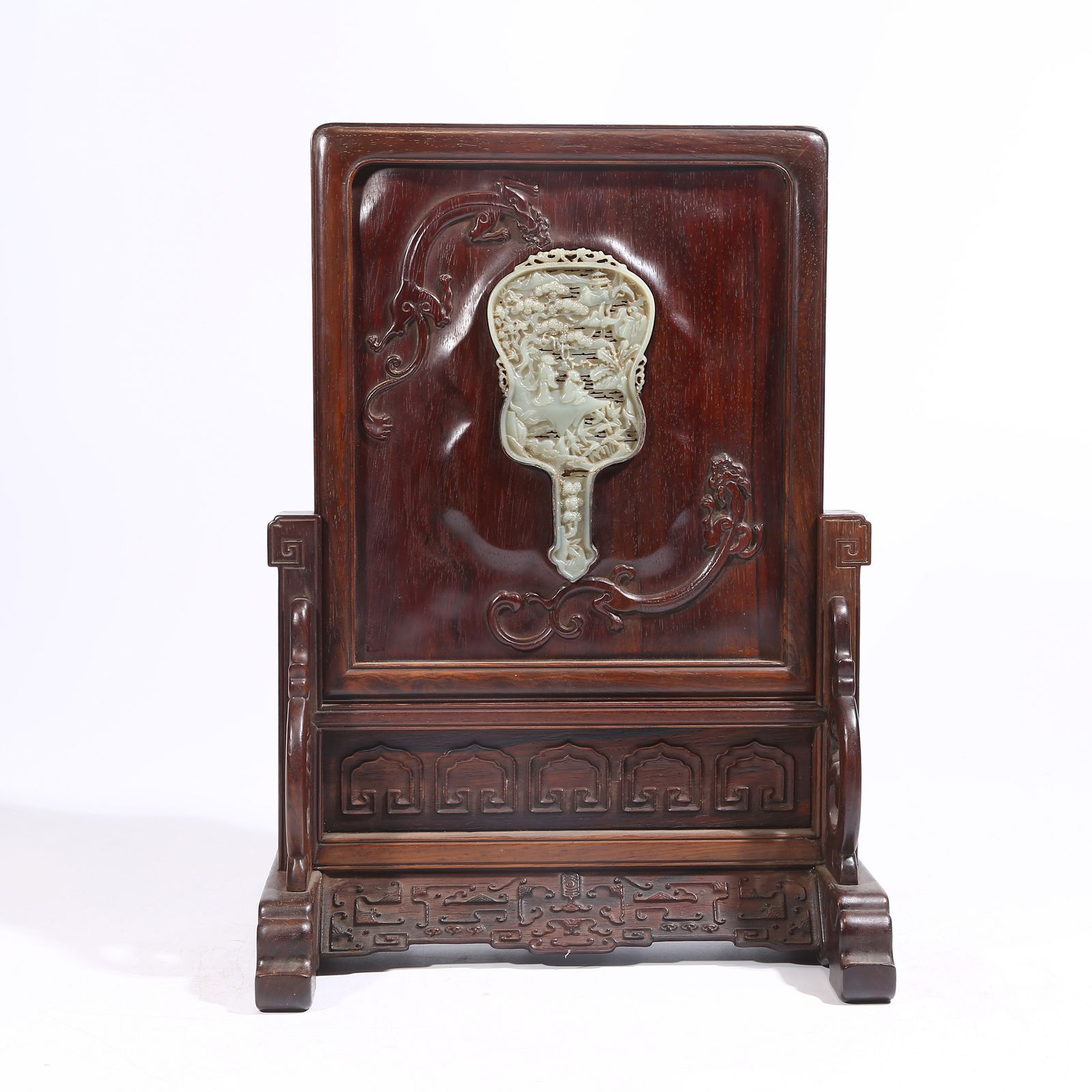 A HUANGHUALI WOOD SCREEN INLAID WITH HETIAN JADE: SCHOLAR UNDER PINE TREE: Huanghuali Wood Screen Inlaid with Hetian Jade: Scholar under Pine Tree