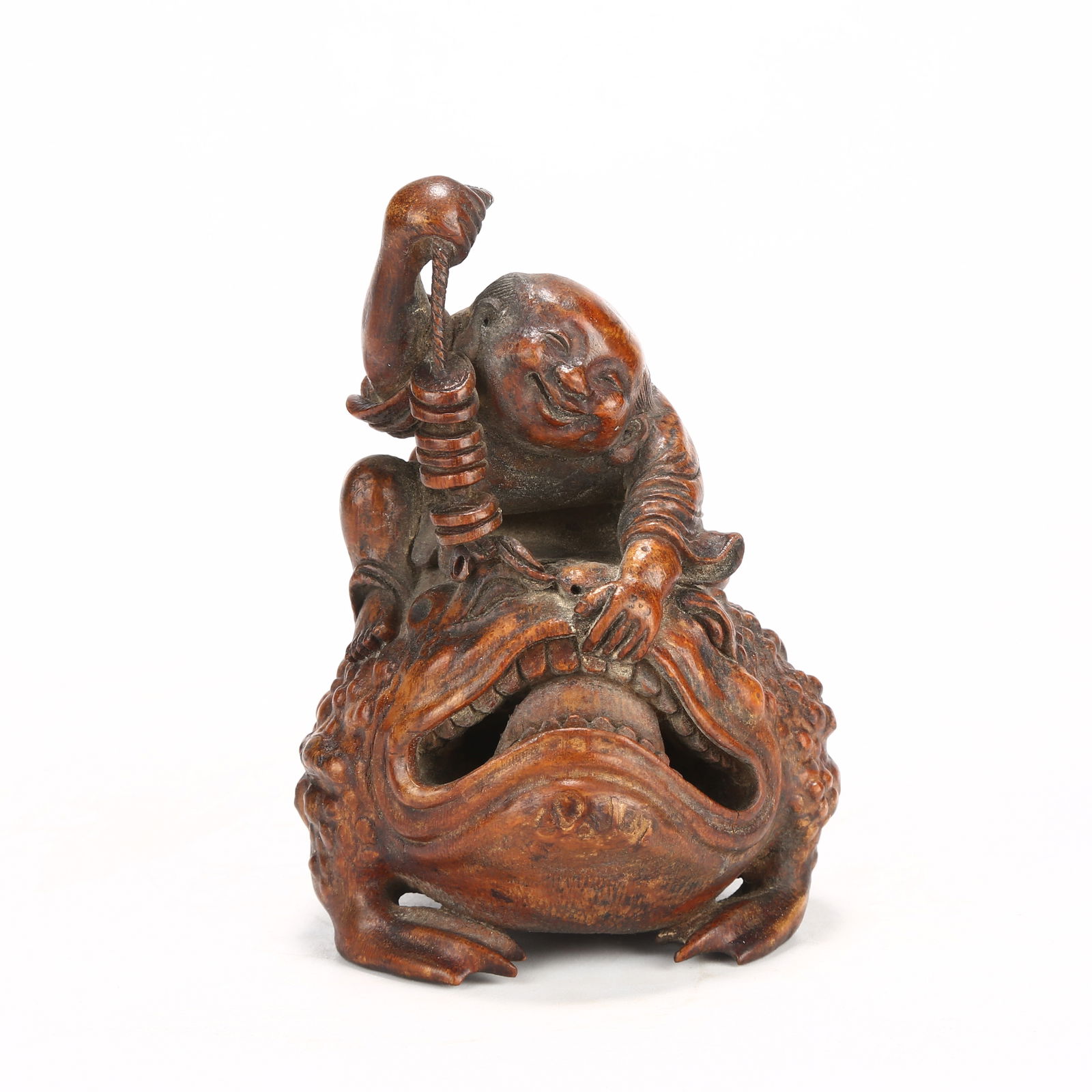 A ZHUGEN (BAMBOO ROOT) CARVING OF LIU HAI PLAYING WITH THE GOLDEN TOAD: Zhugen (Bamboo Root) Carving of Liu Hai Playing with the Golden Toad
