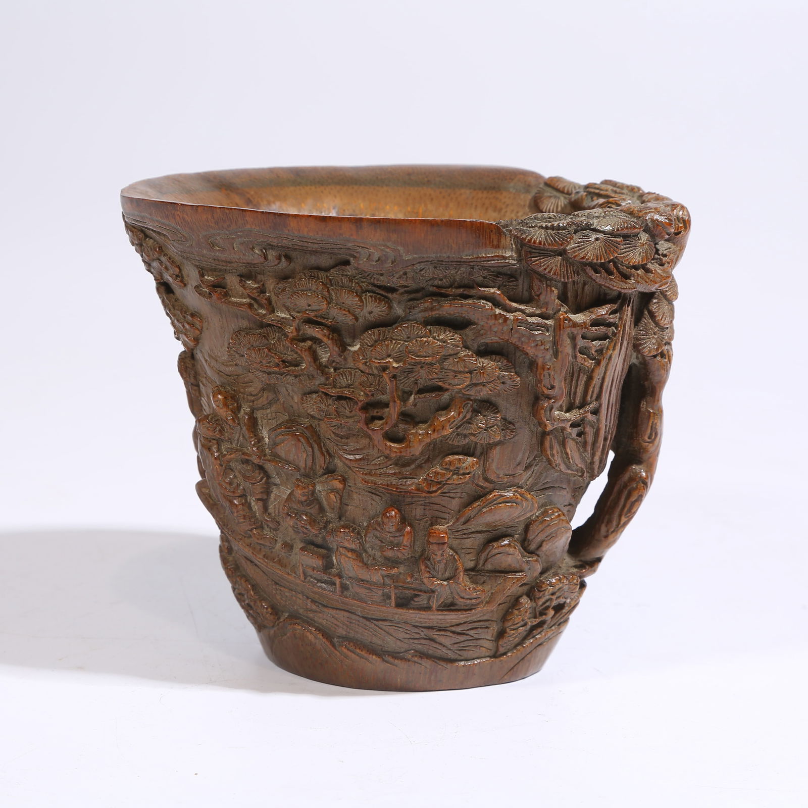 A BAMBOO ROOT CARVING PEN HOLDER: SCHOLAR UNDER PINE TREE: Bamboo Root Carving Pen Holder: Scholar under Pine Tree