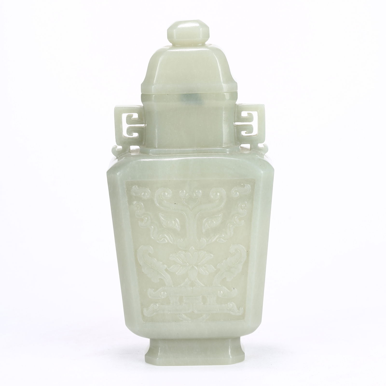 A HETIAN JADE DOUBLE-HANDLED VASE WITH BEAST MASK MOTIF: Hetian Jade Double-Handled Vase with Beast Mask Motif