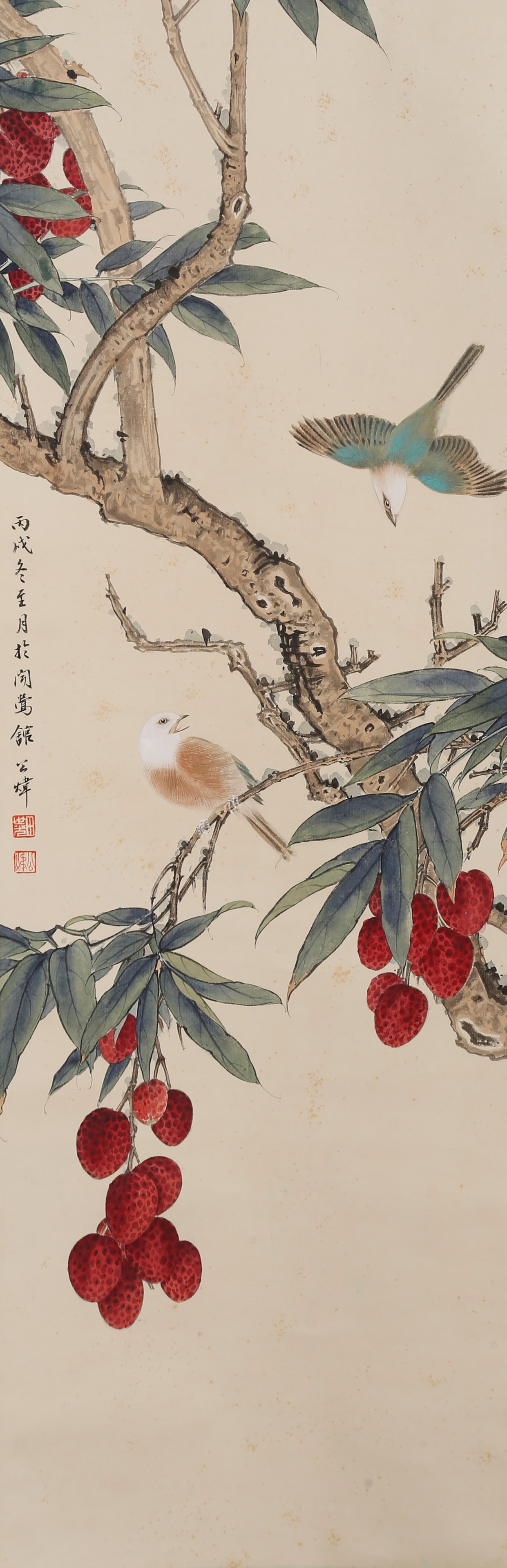 A DOUBLE-BIRD PAINTING ON PAPER BY TIAN SHIGUANG.田世光: Double-bird painting on paper by Tian Shiguang.田世光