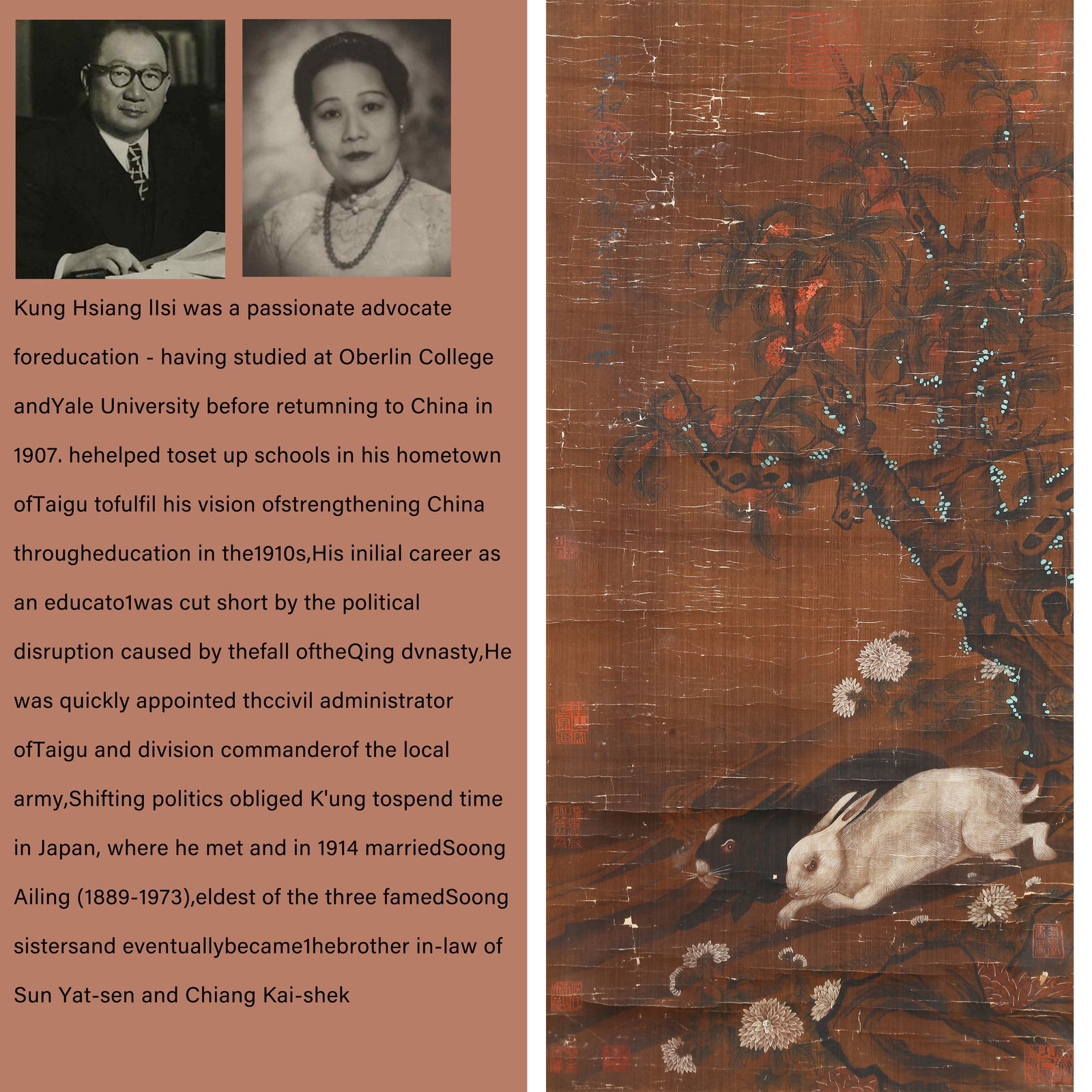 A TWO RABBITS PAINTING ON SILK BY EMPEROR HUIZONG OF SONG.宋徽宗: Two Rabbits Painting on Silk by Emperor Huizong of Song.宋徽宗.PROVENANCE: Highlight of this sale is part of the collection of K'ung Hsiang-Hsi (Kong Xiangxi, 孔祥熙