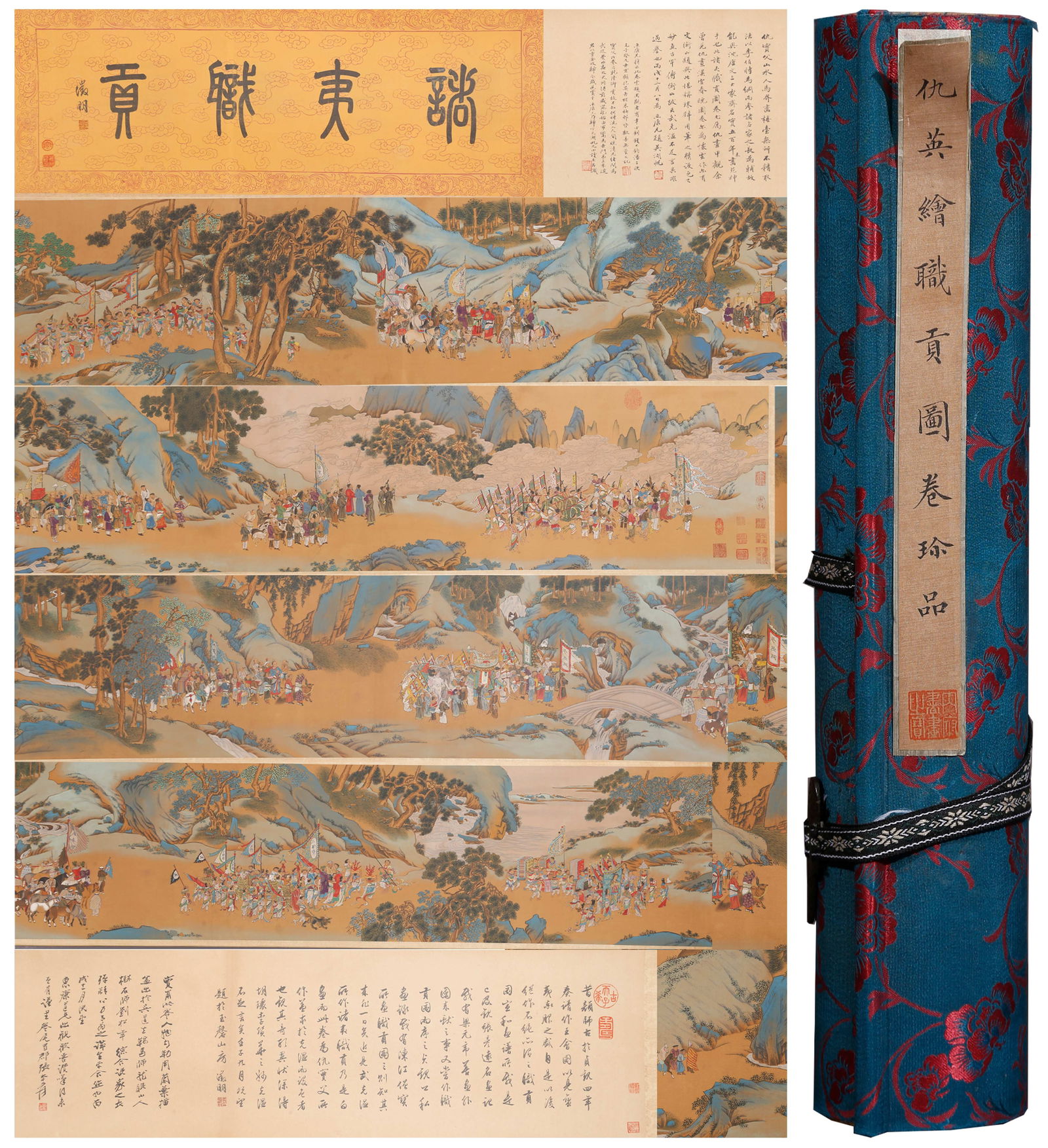 A TRIBUTE OFFERING PAINTING HANDSCROLL ON SILK BY QIU YING.仇英: Tribute Offering painting handscroll on silk by Qiu Ying.仇英