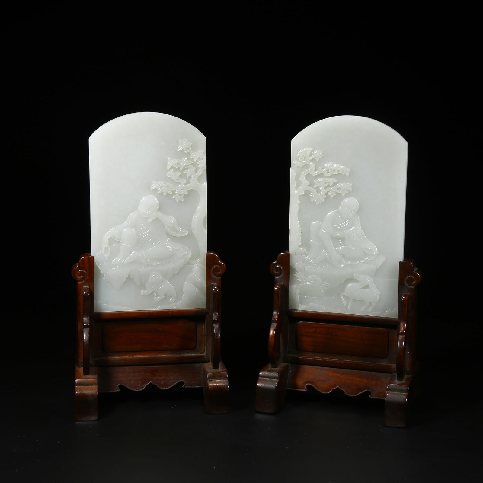 A SET OF ROSEWOOD SCREENS INLAID WITH HETIAN WHITE JADE DEPICTING ARHATS: Set of rosewood screens inlaid with Hetian white jade depicting Arhats