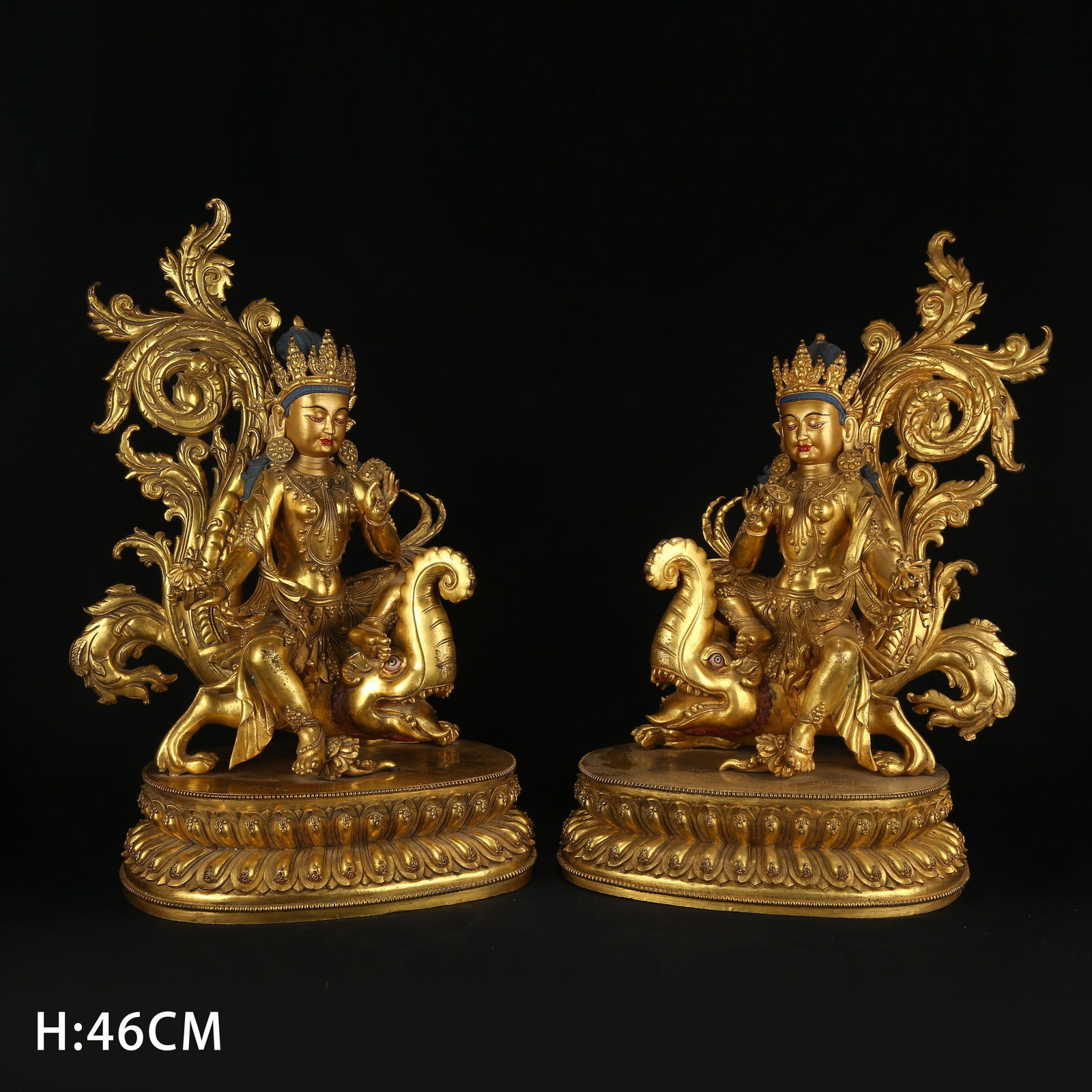 A SET OF GILT BRONZE DRAGON FEMALE STATUES: Set of Gilt Bronze Dragon Female Statues