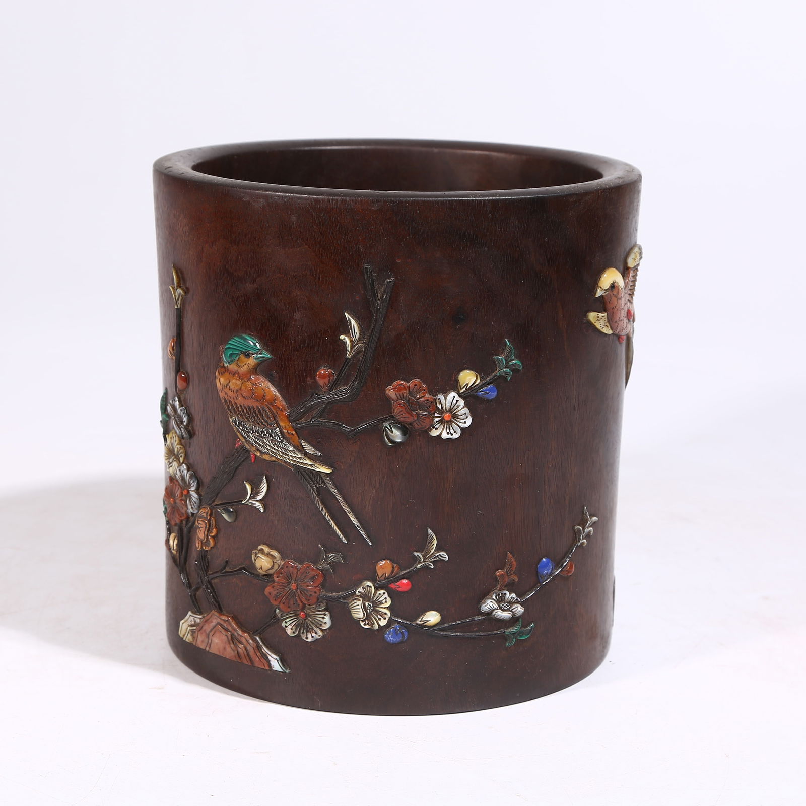 A HUANGHUALI WOOD PEN HOLDER WITH MULTI-MATERIAL INLAY: BIRD-AND-FLOWER MOTIF: Huanghuali Wood Pen Holder with Multi-Material Inlay: Bird-and-Flower Motif