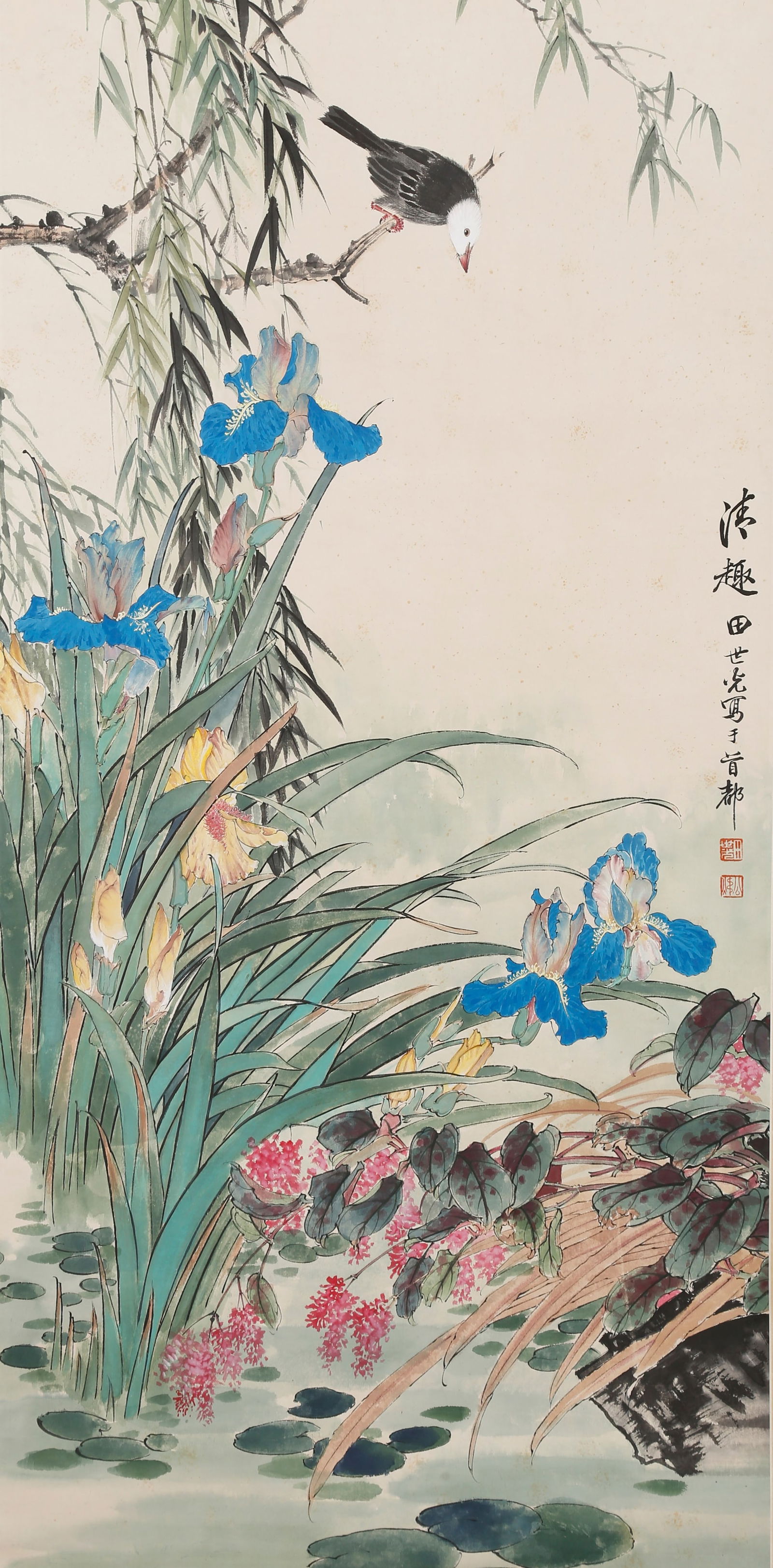 A FLOWER AND BIRD PAINTING ON PAPER BY TIAN SHIGUANG.田世光: Flower and bird painting on paper by Tian Shiguang.田世光