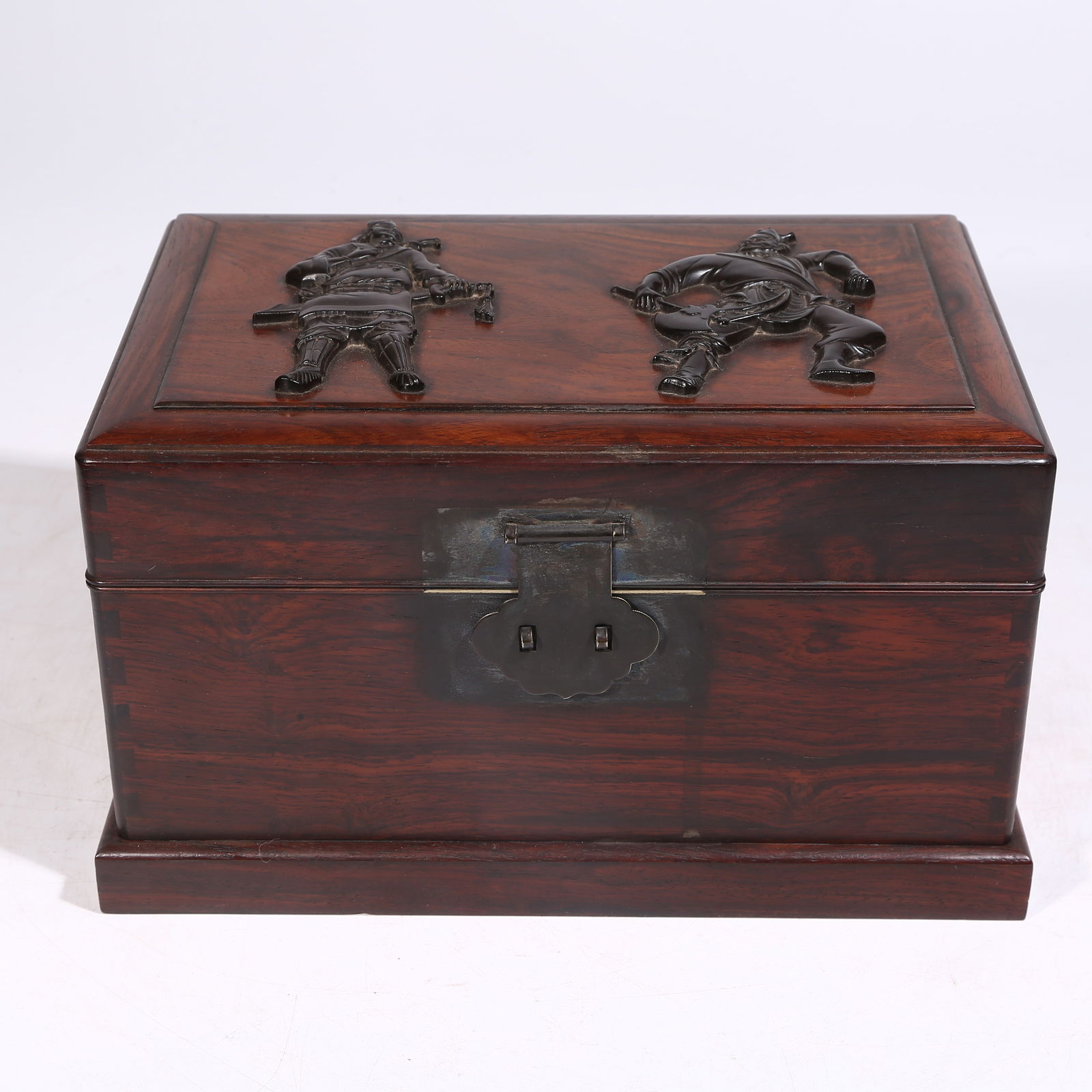 A HUANGHUALI WOOD SQUARE COVERED BOX INLAID WITH ZITAN: FIGURE STORIES: Huanghuali Wood Square Covered Box Inlaid with Zitan: Figure Stories