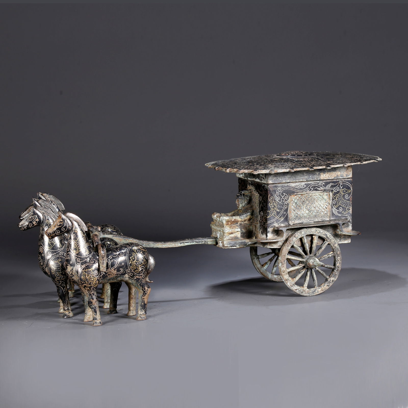 A BRONZE INLAID WITH GOLD AND SILVER HORSE-DRAWN CARRIAGE: Bronze Inlaid with Gold and Silver Horse-Drawn Carriage