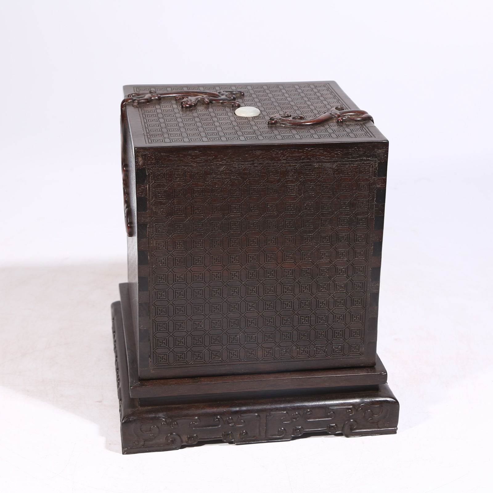 A ZITAN WOOD COVERED BOX CARVED WITH CHI-DRAGON: Zitan Wood Covered Box Carved with Chi-Dragon