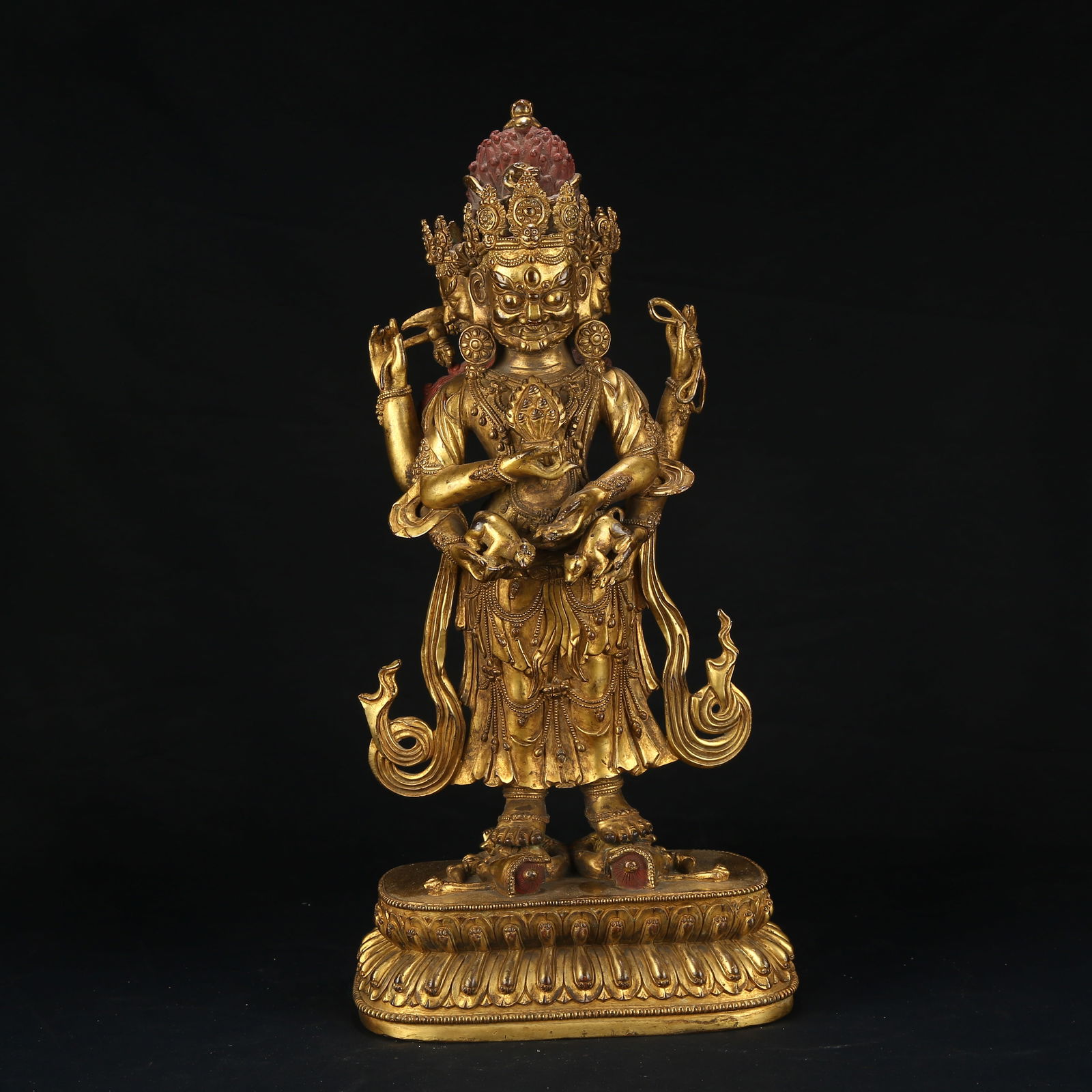 A GILT BRONZE STATUE OF WHITE SIX-ARMED MAHAKALA: Gilt Bronze Statue of White Six-Armed Mahakala