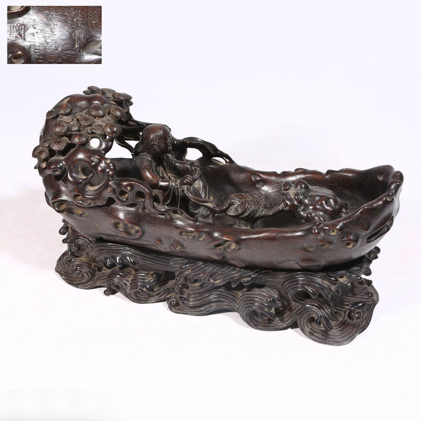 A ZITAN WOOD FIGURINE: LIU HAI PLAYING WITH GOLDEN TOAD: Zitan Wood Figurine: Liu Hai Playing with Golden Toad