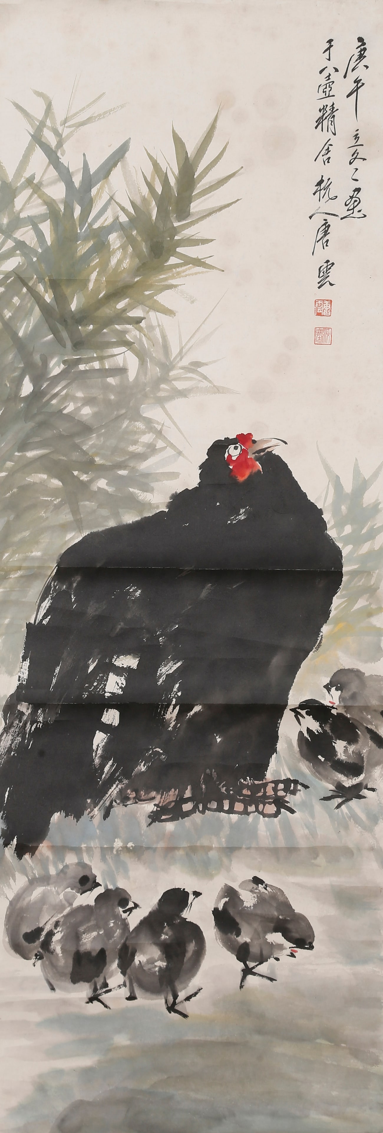 A FLOCK OF CHICKENS PAINTING ON PAPER BY TANG YUN.唐雲: Flock of Chickens Painting on Paper by Tang Yun.唐雲