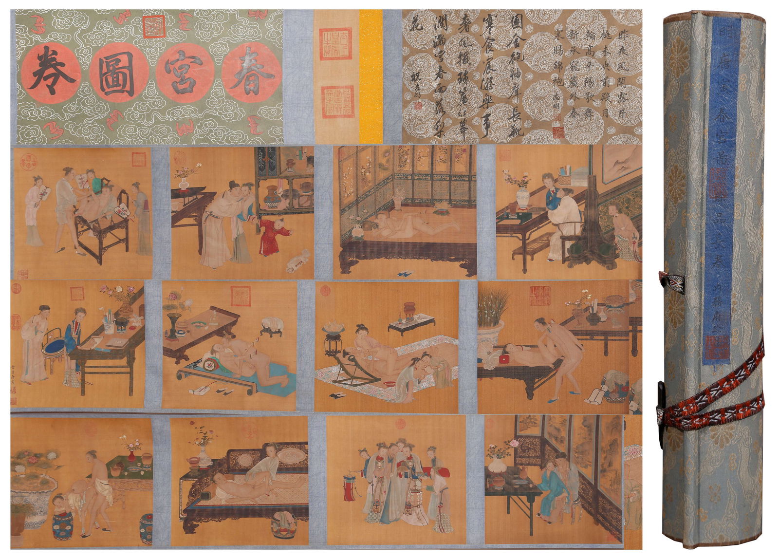 A SPRING PALACE PAINTING HANDSCROLL ON SILK BY TANG BOHU.唐伯虎: Spring Palace painting handscroll on silk by Tang Bohu.唐伯虎