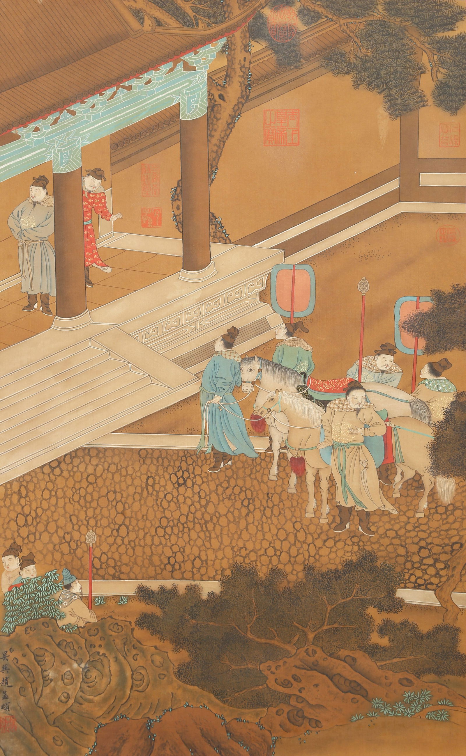 A HORSE AND FIGURE PAINTING ON SILK BY ZHAO MENGFU.趙孟頫: Horse and figure painting on silk by Zhao Mengfu.趙孟頫