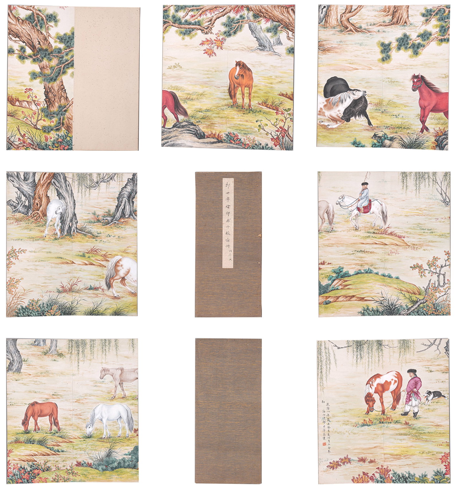 A "FINE HORSES" PAINTING ALBUM LEAVES ON PAPER BY GIUSEPPE CASTIGLIONE (LANG SHINING) (6: "Fine Horses" Painting Album Leaves on Paper by Giuseppe Castiglione (Lang Shining) (6 leaves).郎世寧