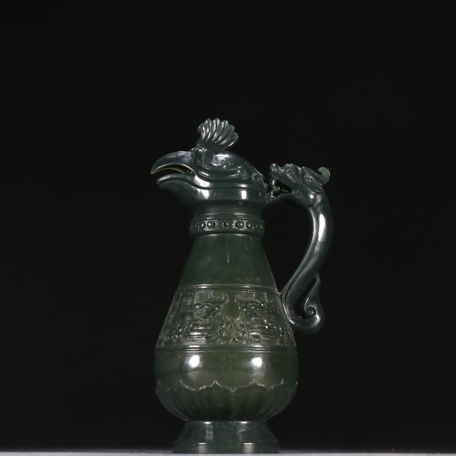 A HETIAN SPINACH-GREEN JADE VASE WITH DRAGON AND PHOENIX MOTIFS: Hetian Spinach-Green Jade Vase with Dragon and Phoenix Motifs