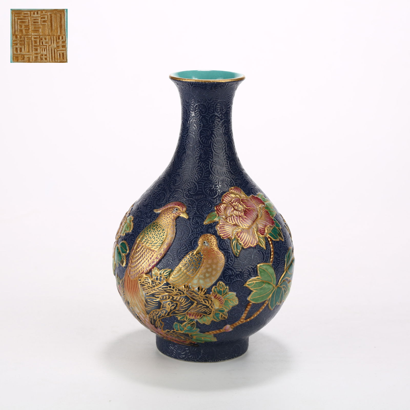 A BLUE-GROUND RETICULATED PORCELAIN YUHUCHUN VASE WITH FAMILLE ROSE FLOWER AND BIRD DESIGN (1 of 10)