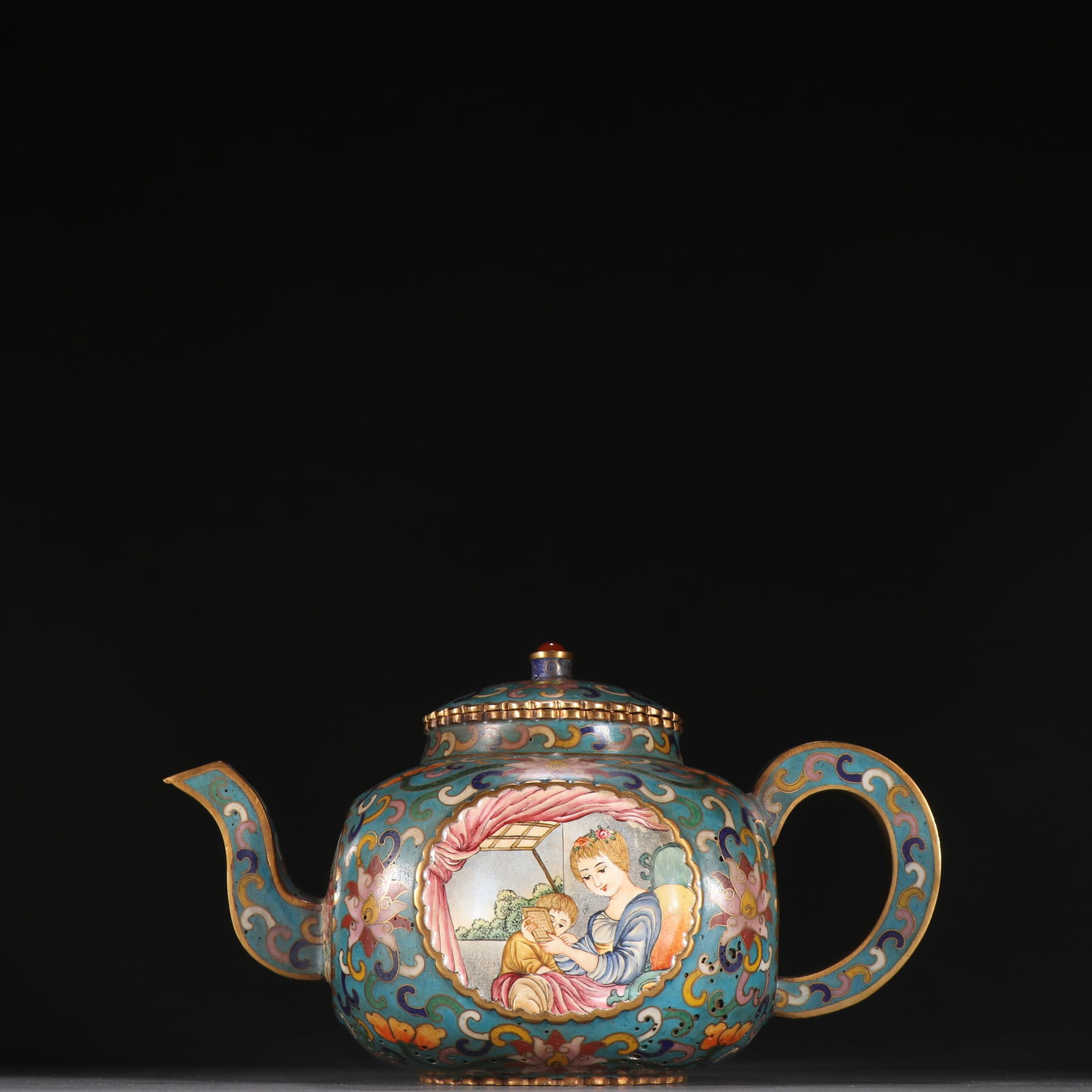 A GILDED BRONZE CLOISONNÉ TEAPOT WITH OPENWORK WINDOW AND FIGURE STORY MOTIFS: Gilded Bronze Cloisonné Teapot with Openwork Window and Figure Story Motifs