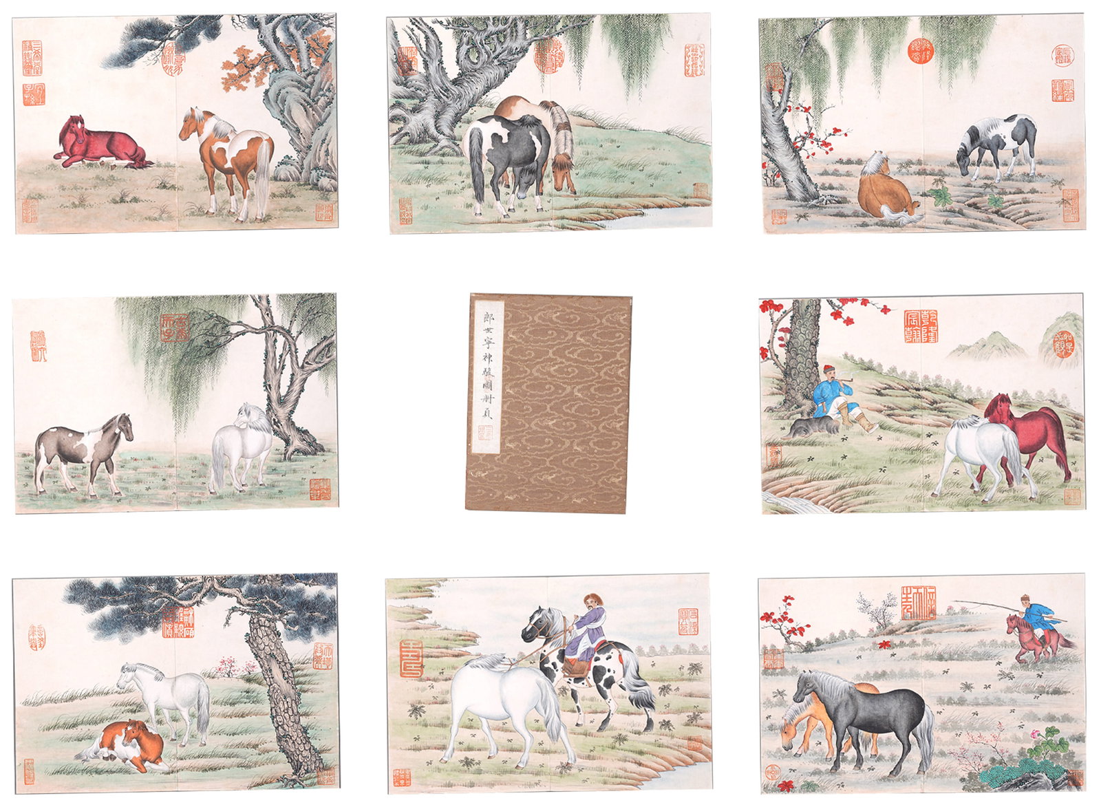 A "FINE HORSES" PAINTING ALBUM LEAVES ON PAPER BY GIUSEPPE CASTIGLIONE (LANG SHINING) (11: "Fine Horses" Painting Album Leaves on Paper by Giuseppe Castiglione (Lang Shining) (11 leaves).郎世寧