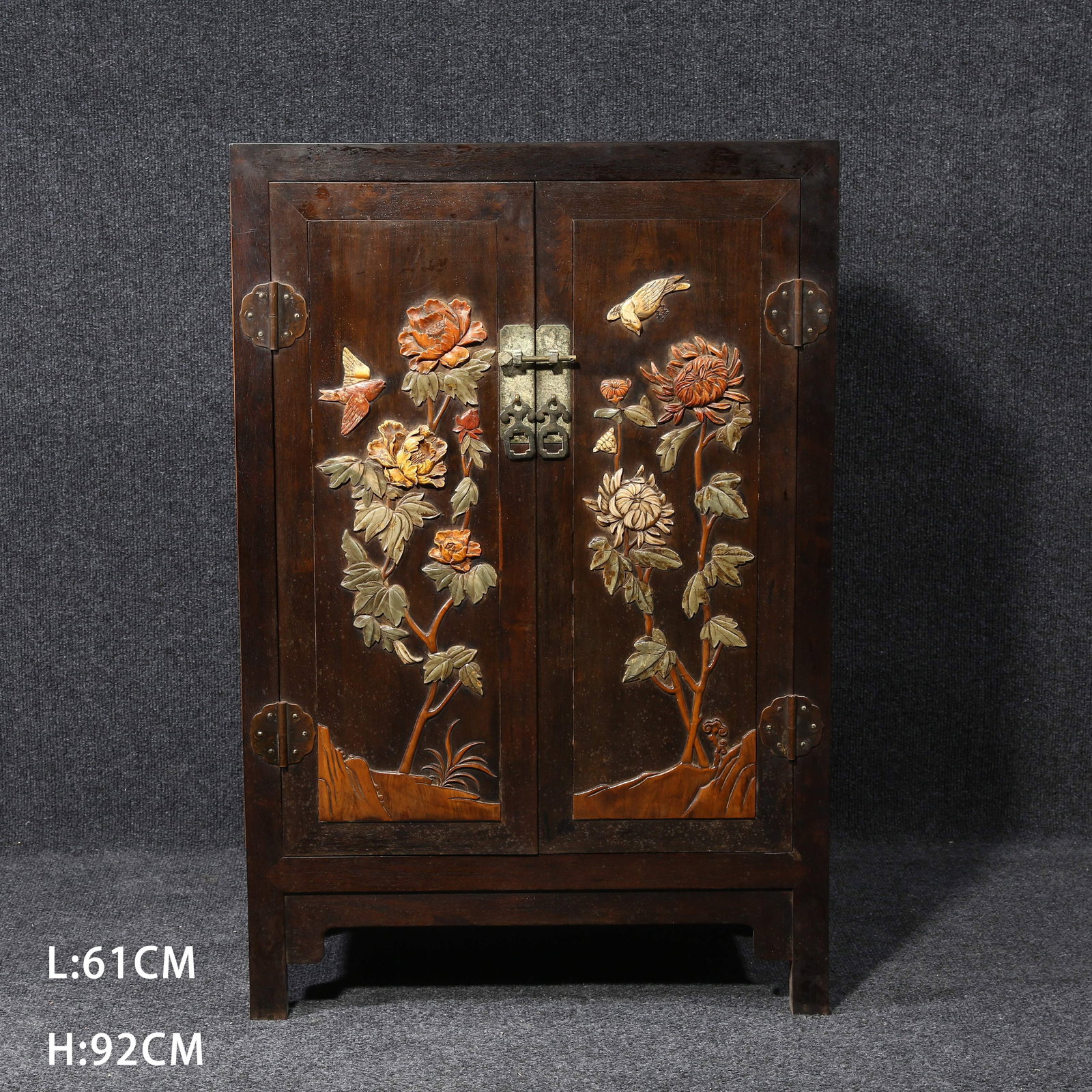 A ROSEWOOD BAIBAO INLAID CABINET WITH FLORAL AND BIRD MOTIFS: Rosewood Baibao Inlaid Cabinet with Floral and Bird Motifs