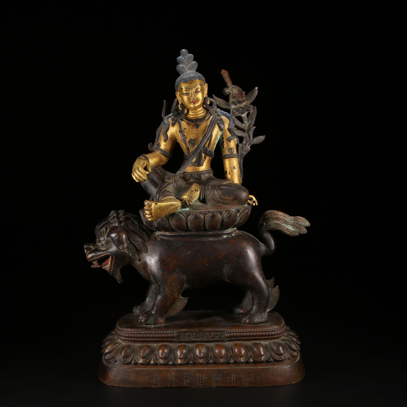 A GILT AND BRONZE ALLOY SIX-TIERED BUDDHIST TOWER STYLE LION'S ROAR AVALOKITESHVARA STATUE: Gilt and Bronze Alloy Six-Tiered Buddhist Tower Style Lion's Roar Avalokiteshvara Statue