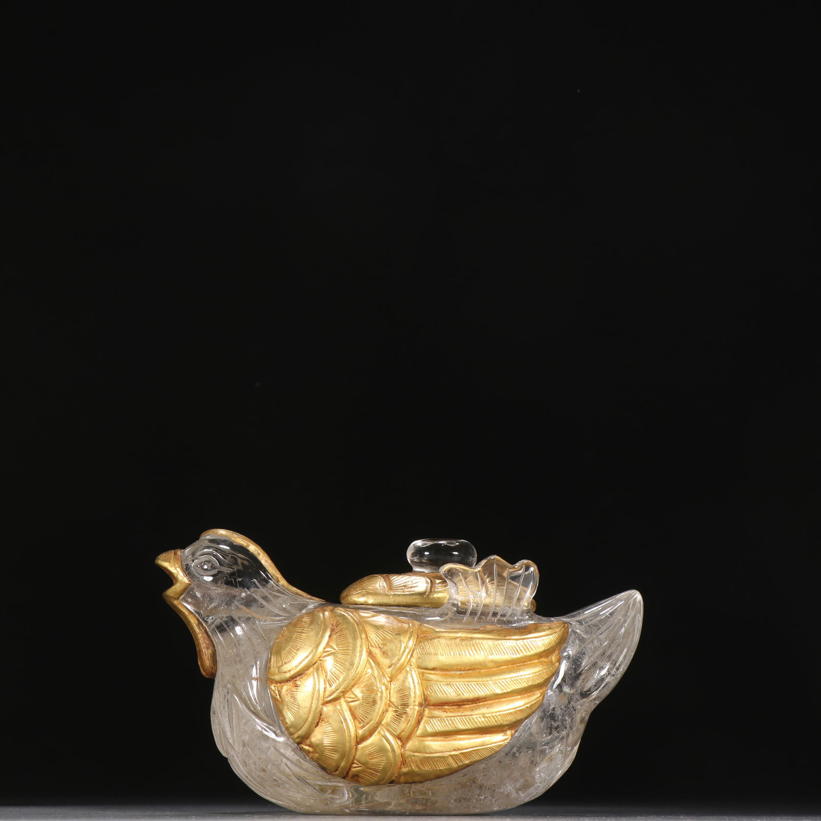 A CRYSTAL MANDARIN DUCK TEAPOT WITH GOLD INLAY: Crystal Mandarin Duck Teapot with Gold Inlay
