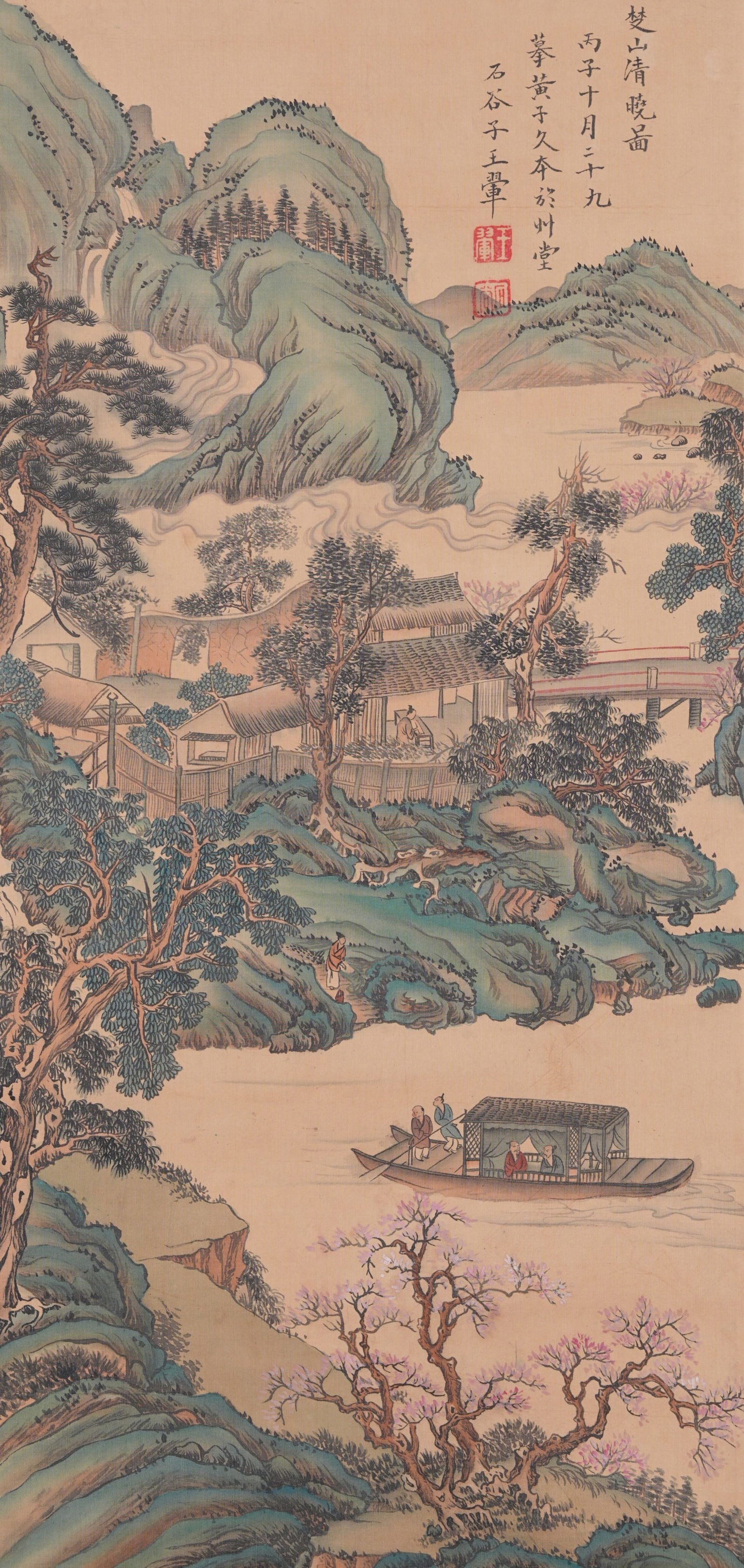 A LANDSCAPE AND FIGURE PAINTING ON SILK BY WANG HUI.王翚: Landscape and Figure Painting on Silk by Wang Hui.王翚