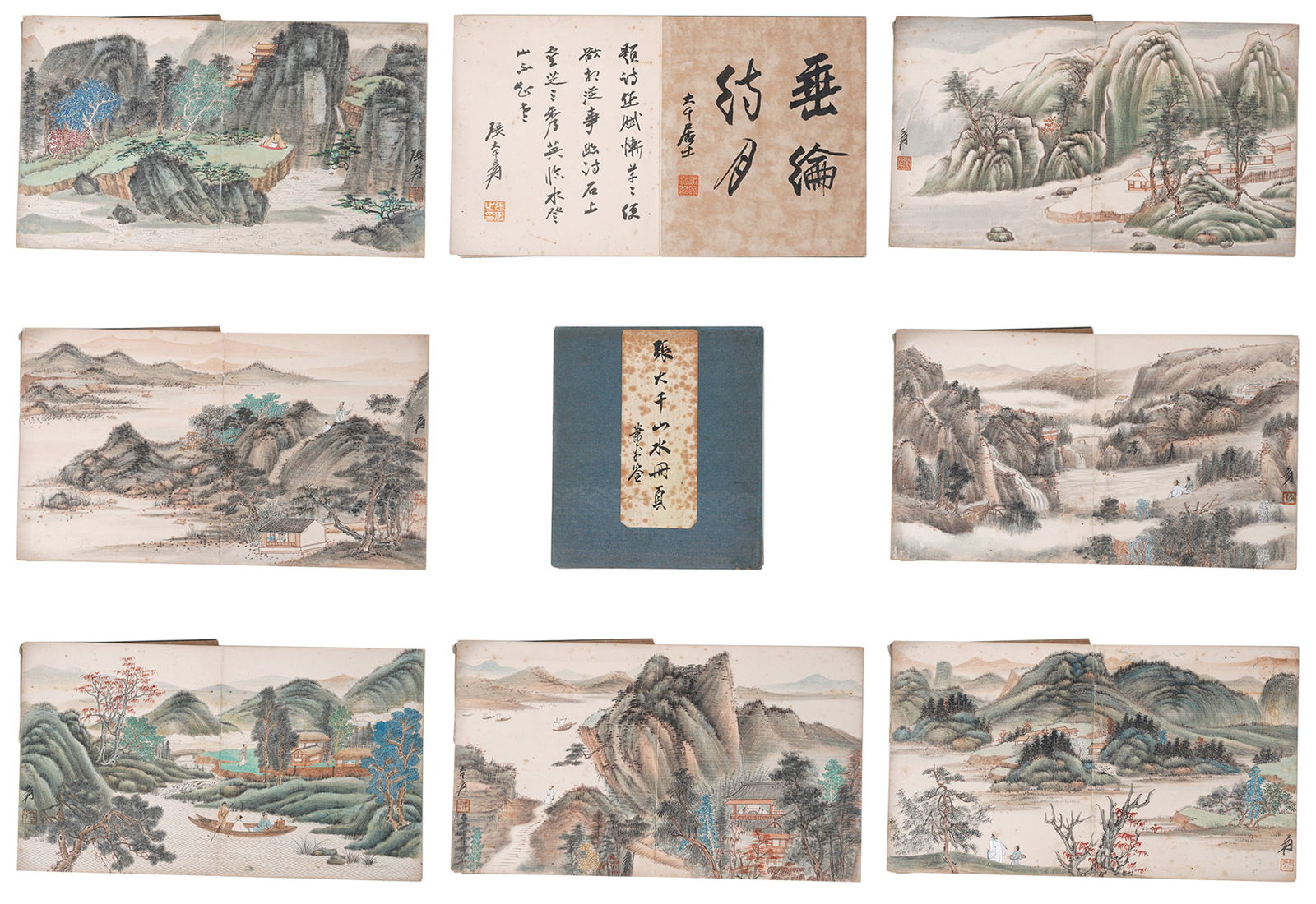 A LANDSCAPE PAINTING ALBUM LEAVES ON PAPER (12 LEAVES) BY ZHANG DAQIAN.張大千: Landscape painting album leaves on paper (12 leaves) by Zhang Daqian.張大千