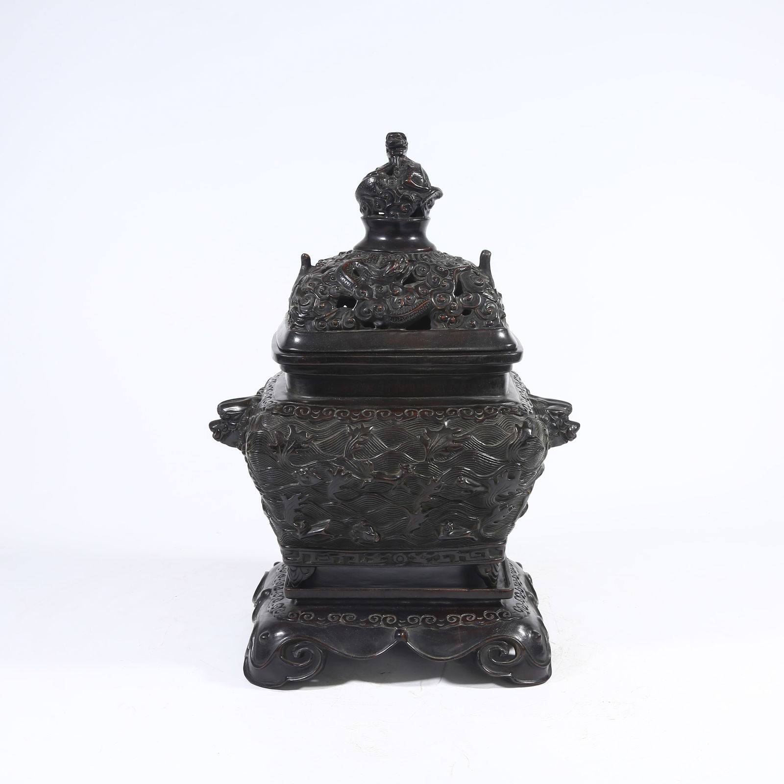 A ZITAN WOOD CENSER WITH SEA BEAST PATTERN, SUANNI HANDLES, AND DRAGON FINIAL (1 of 11)