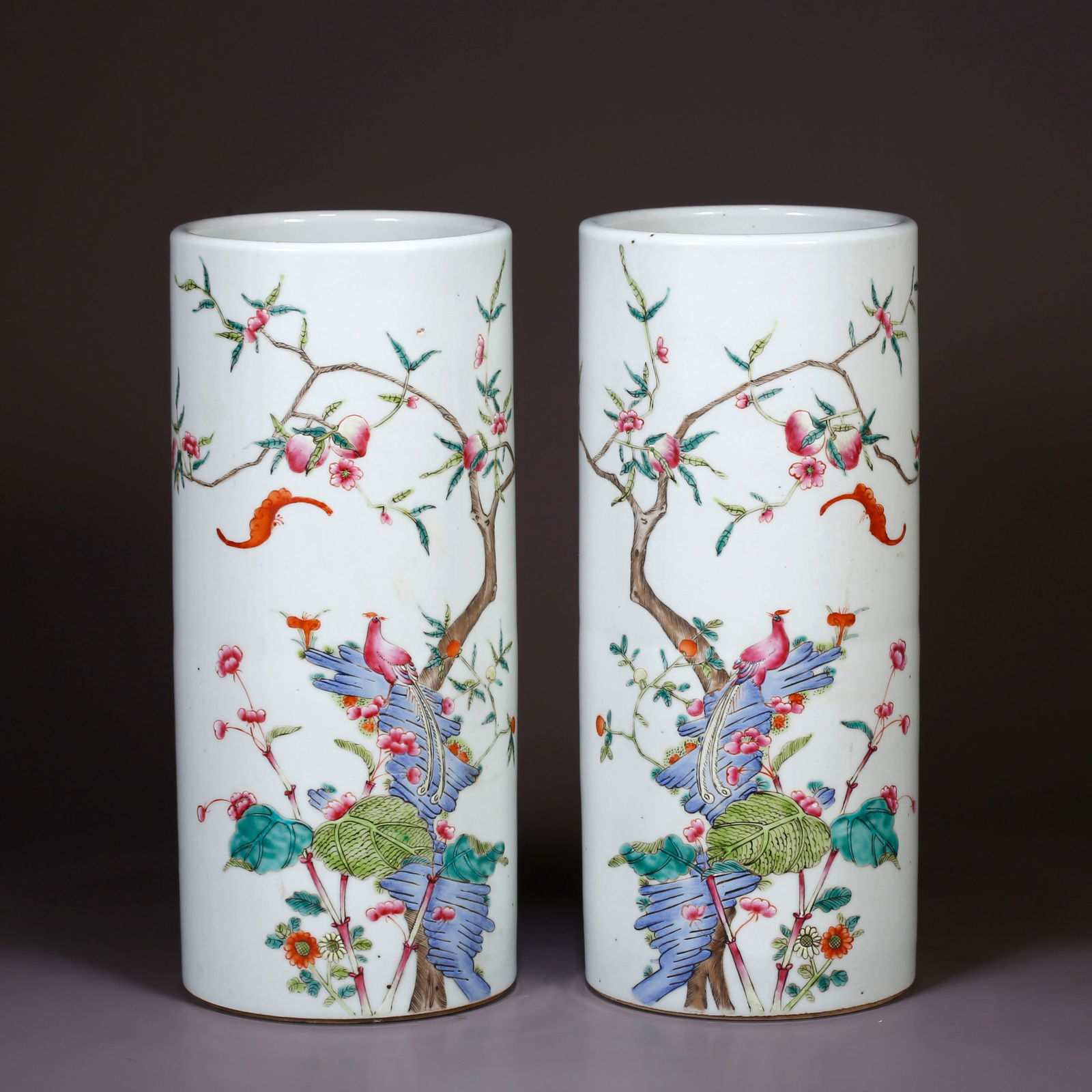 A FAMILLE ROSE FLOWER-AND-BIRD HAT-FORM VASE (PAIR) (1 of 9)