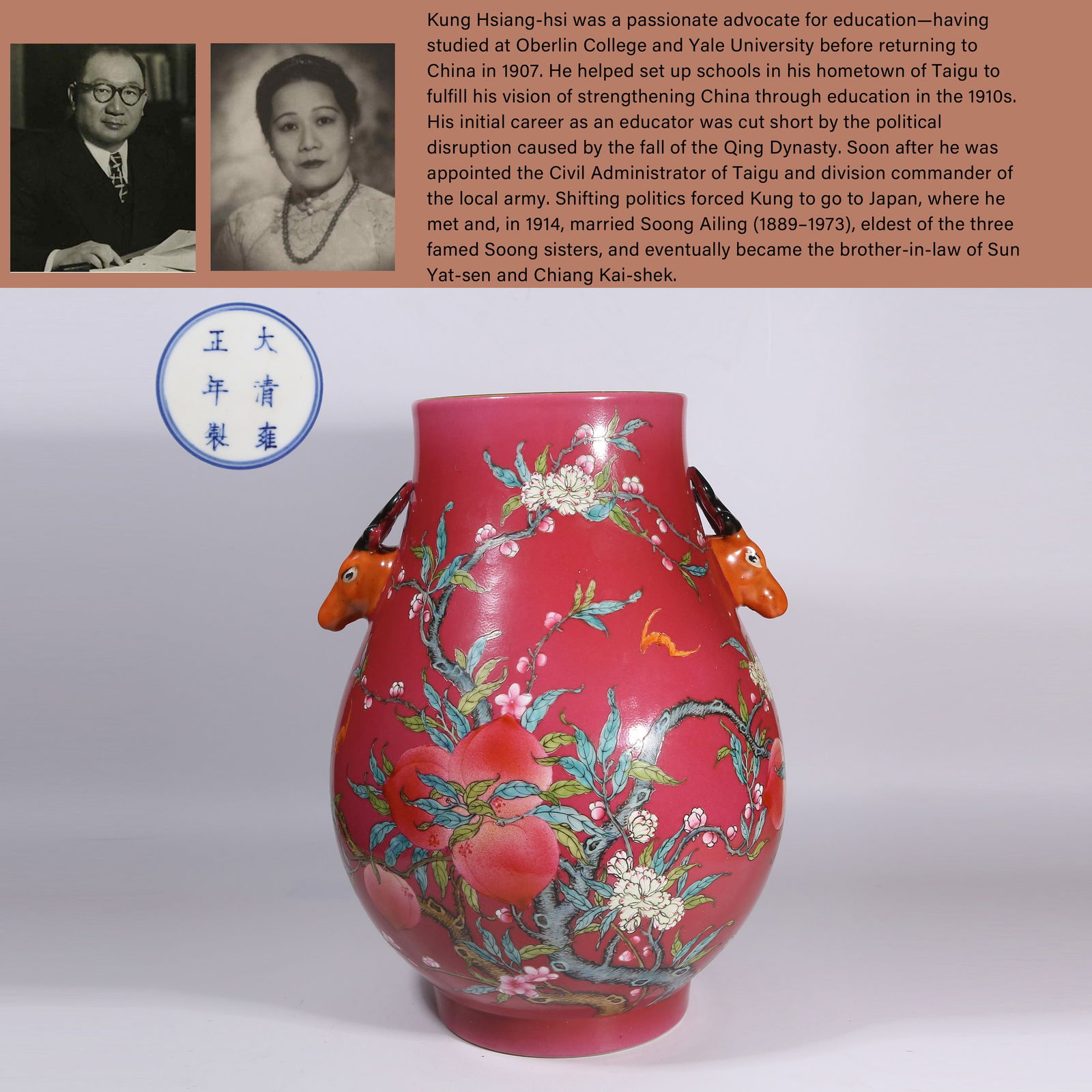 A FAMILLE-ROSE VASE WITH DEER-HEAD HANDLES, IRON-RED GROUND, AND "BLESSINGS AND LONGEVITY" MOTIFS (1 of 11)