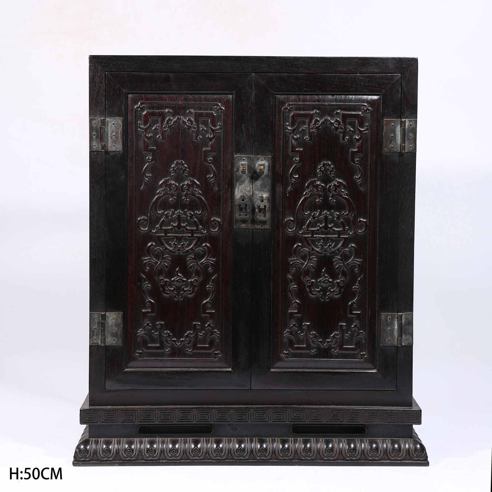 A ZITAN WOOD SMALL CABINET WITH DOUBLE DRAGON AND LONGEVITY MOTIF (1 of 9)