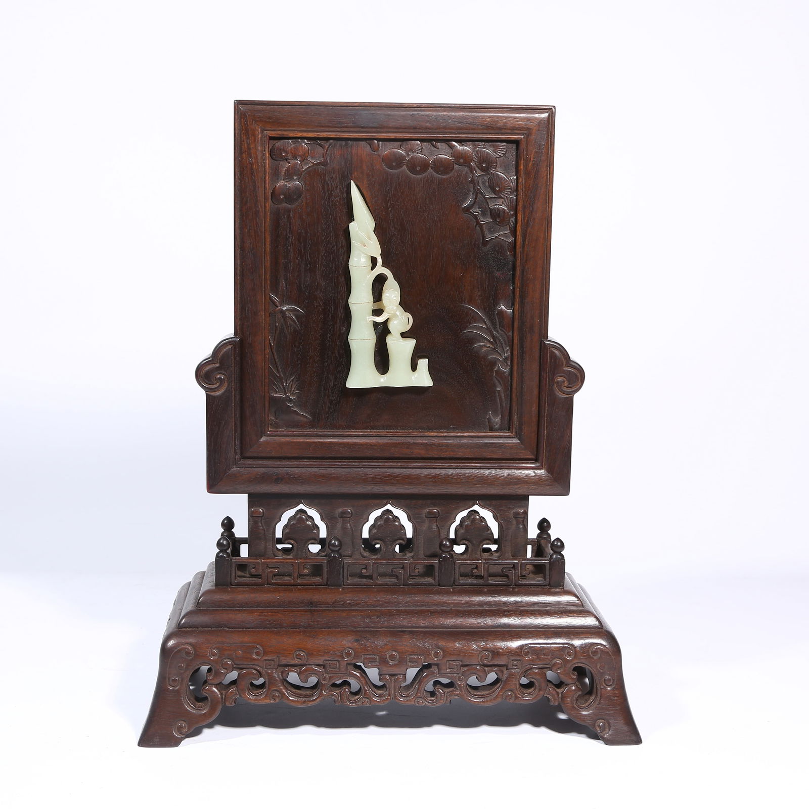 A HUANGHUALI WOOD TABLE SCREEN INLAID WITH HETIAN JADE, BAMBOO SHOOT MOTIF (1 of 9)