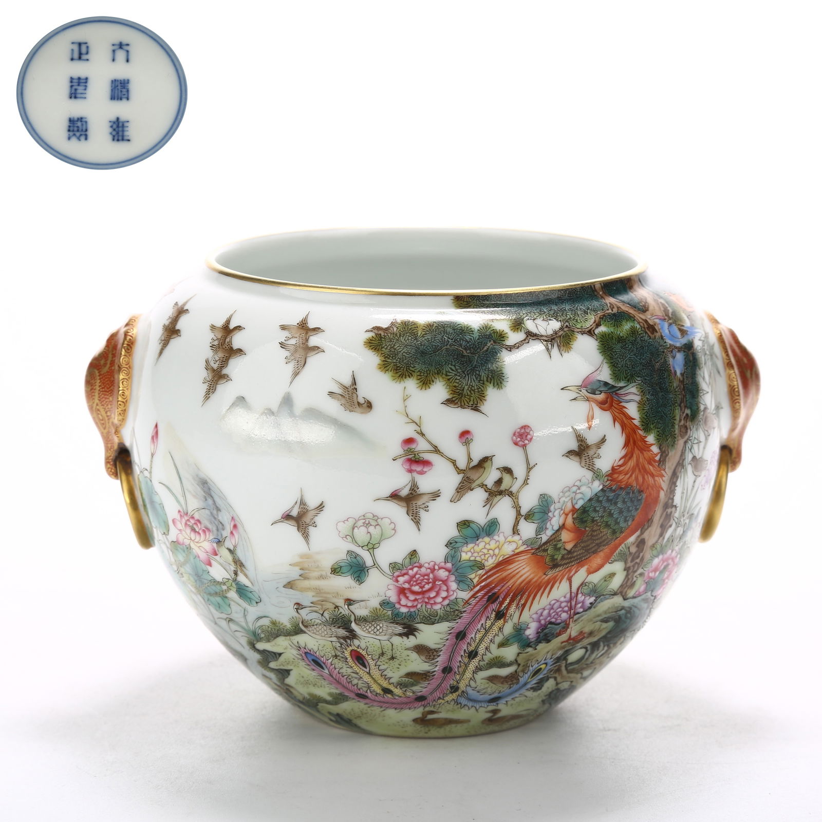 A FAMILLE ROSE BASIN WITH "HUNDRED BIRDS PAYING HOMAGE TO THE PHOENIX" AND BEAST HEAD HANDLES (1 of 10)