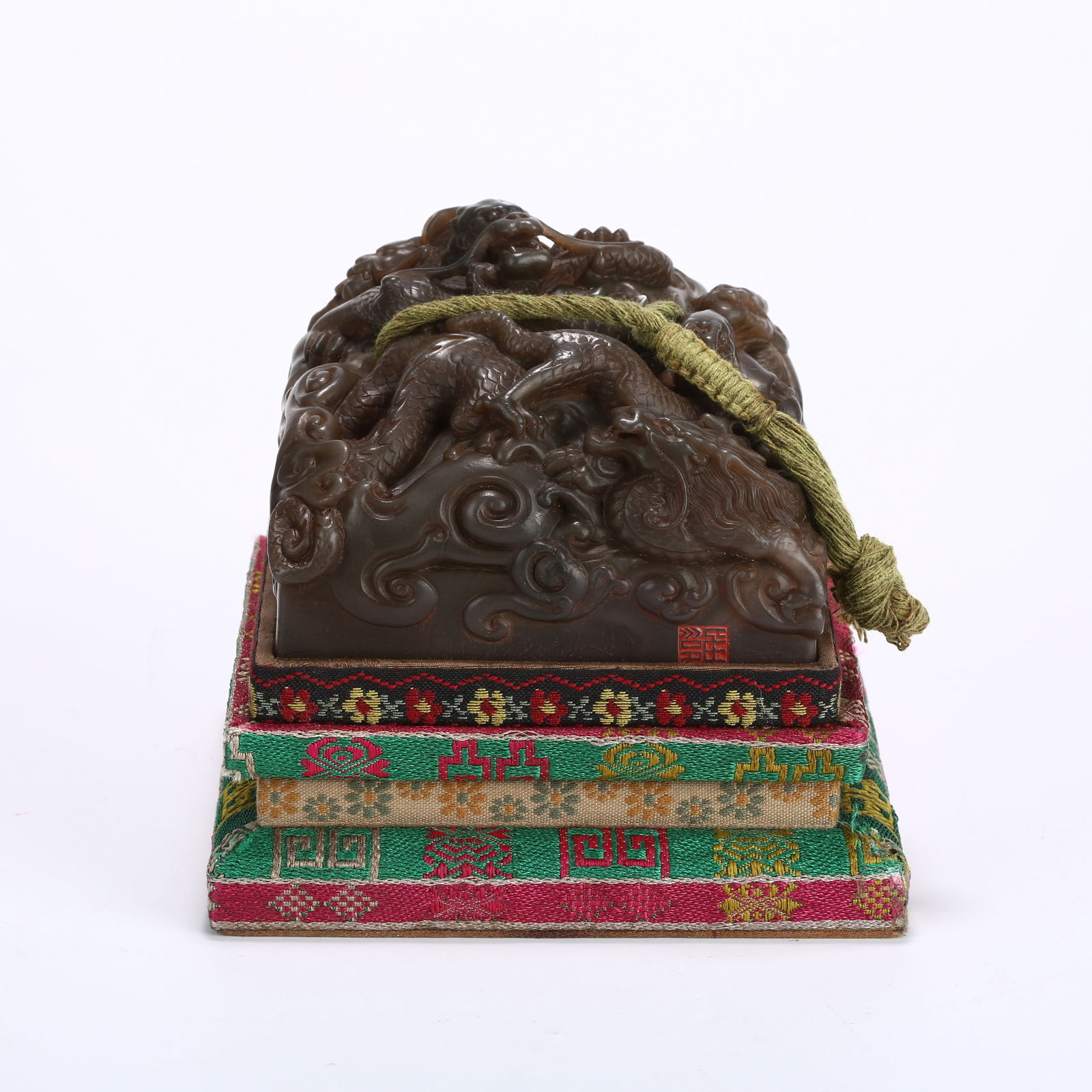 A SHOUSHAN STONE SEAL WITH FIVE DRAGON KNOBS: Shoushan stone seal with five dragon knobs