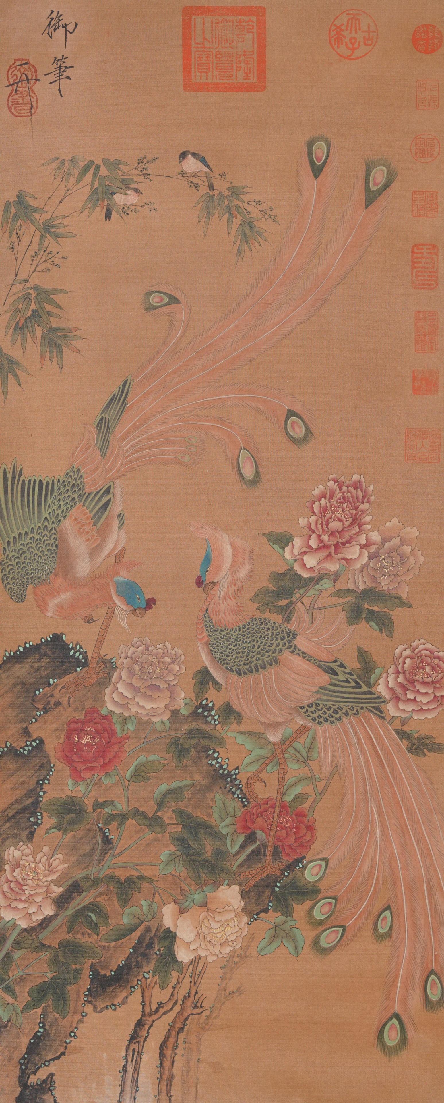 A FLOWER-AND-BIRD PAINTING ON SILK BY EMPEROR HUIZONG OF THE SONG DYNASTY.宋徽宗: Flower-and-bird painting on silk by Emperor Huizong of the Song Dynasty.宋徽宗