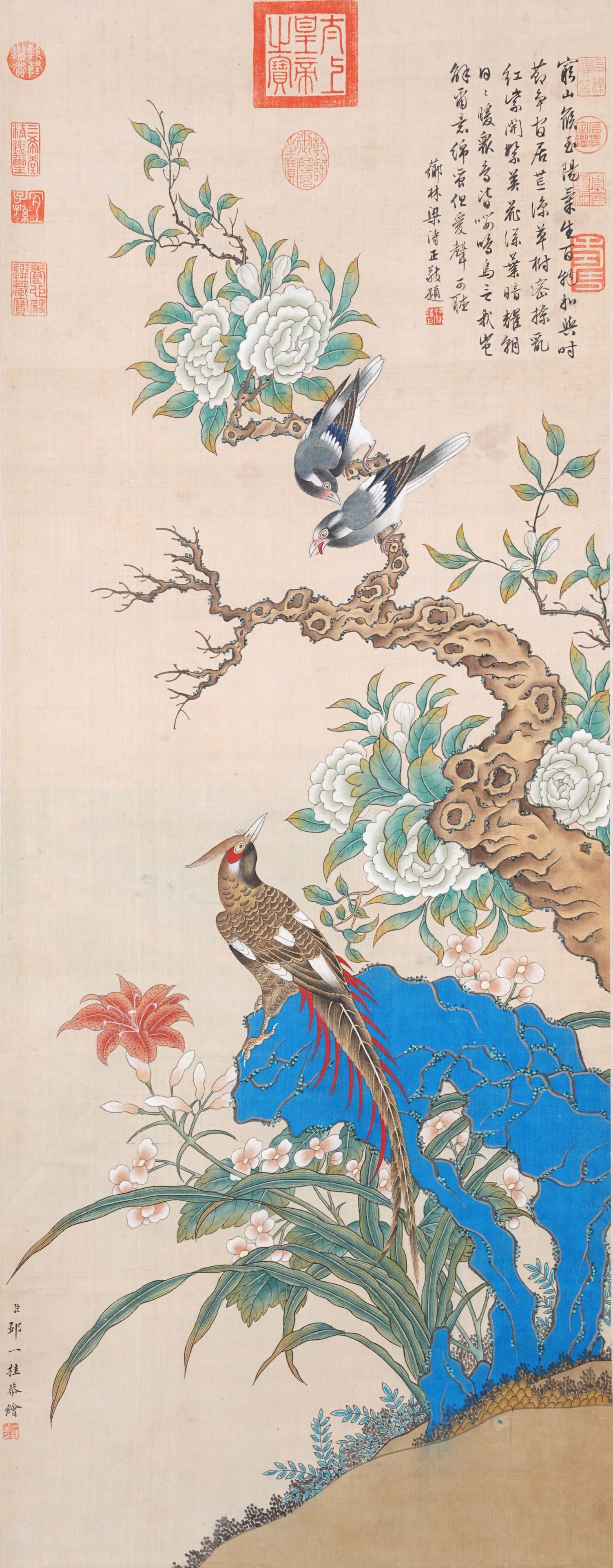 A FLOWER-AND-BIRD PAINTING ON SILK BY ZOU YIGUI.鄒一桂: Flower-and-bird painting on silk by Zou Yigui.鄒一桂