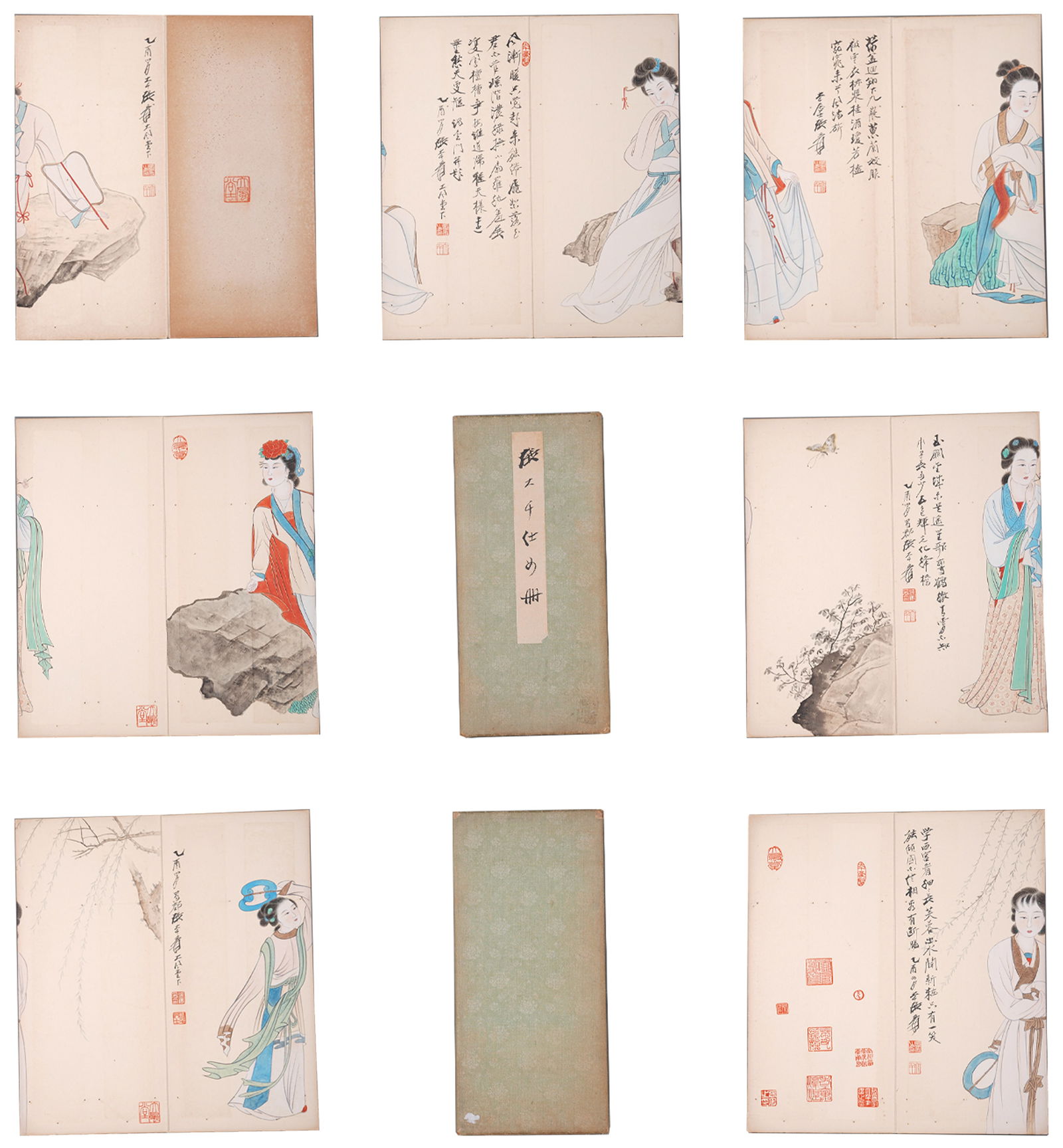 A COURT LADIES PAINTING ALBUM LEAVES ON PAPER BY ZHANG DAQIAN (6 LEAVES).張大千: Court Ladies Painting Album Leaves on Paper by Zhang Daqian (6 leaves).張大千