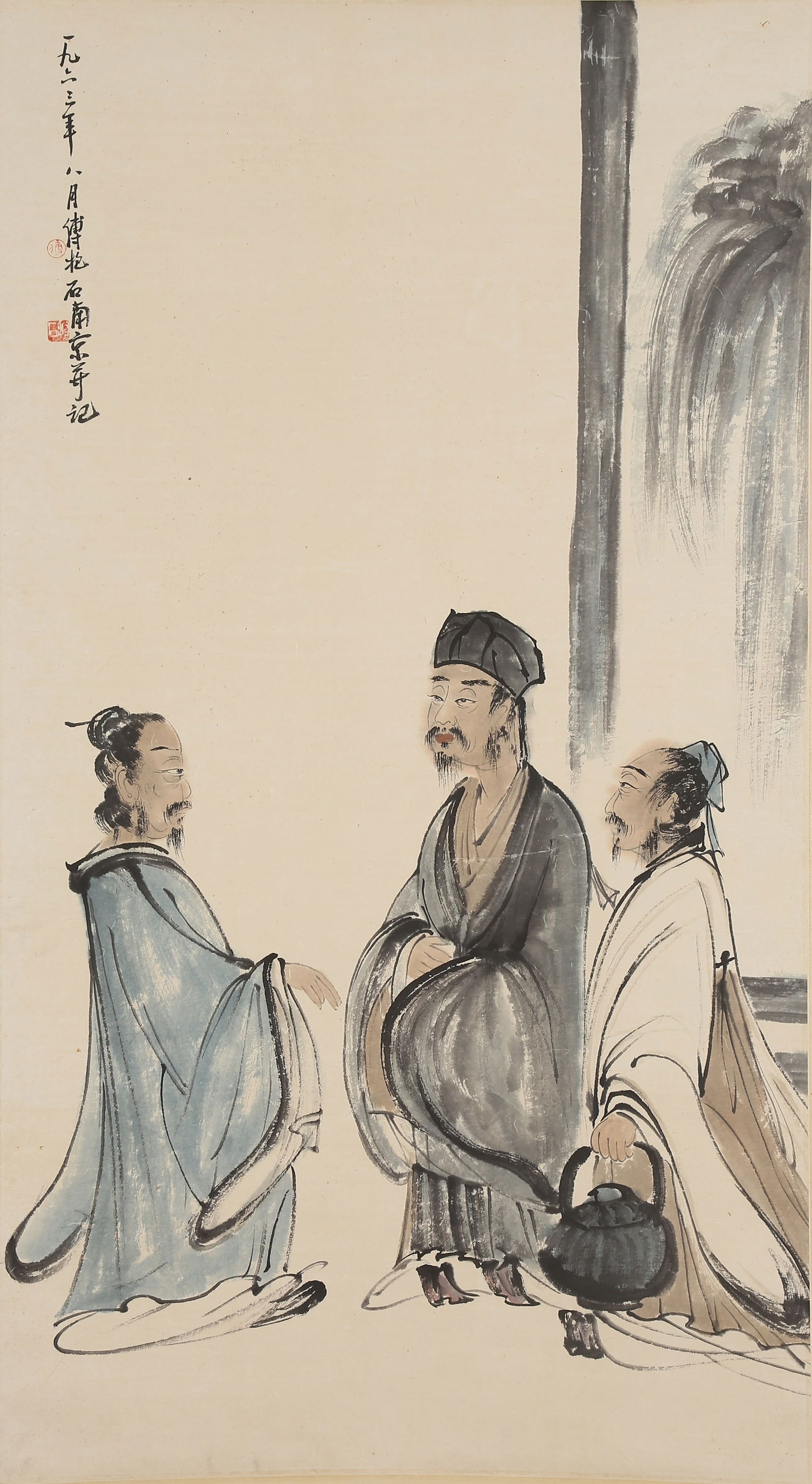 A SCHOLAR FIGURE PAINTING ON PAPER BY FU BAOSHI.傅抱石: Scholar Figure Painting on Paper by Fu Baoshi.傅抱石