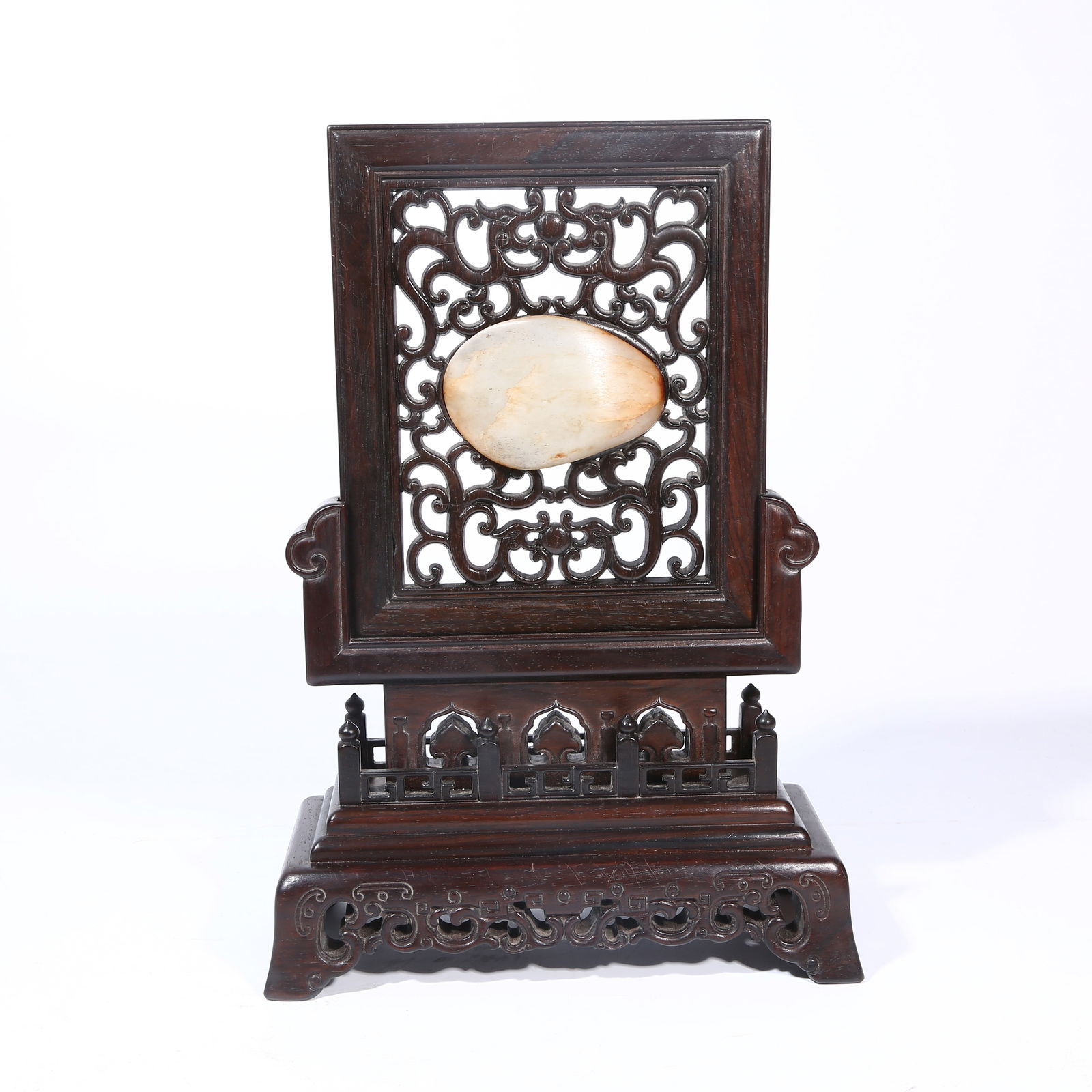 A ZITAN WOOD TABLE SCREEN INLAID WITH HETIAN JADE, RAW STONE (1 of 9)