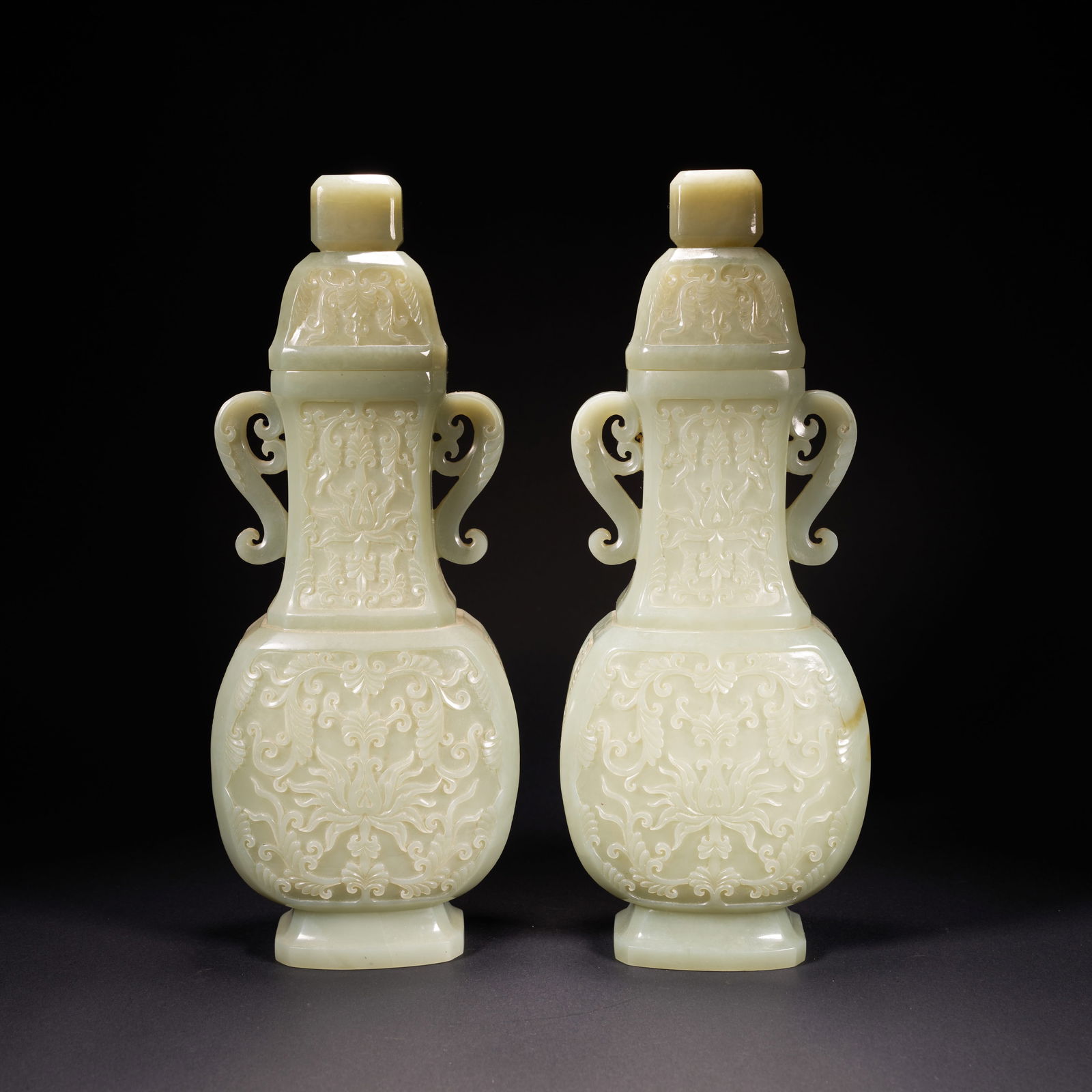 A HETIAN JADE LIDDED VASE WITH SCROLLING LOTUS (ENTWINED LOTUS) MOTIFS, QING DYNASTY (1 of 10)