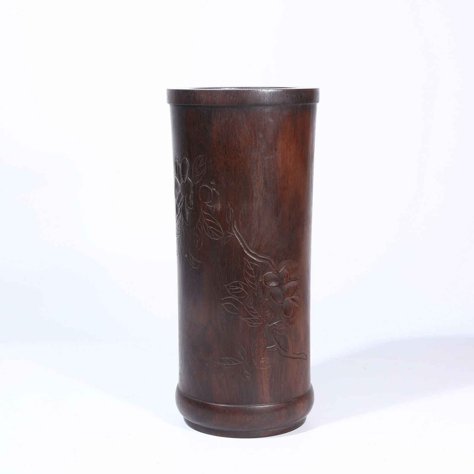 A HUANGHUALI WOOD BRUSH POT WITH FLORAL MOTIF (1 of 8)