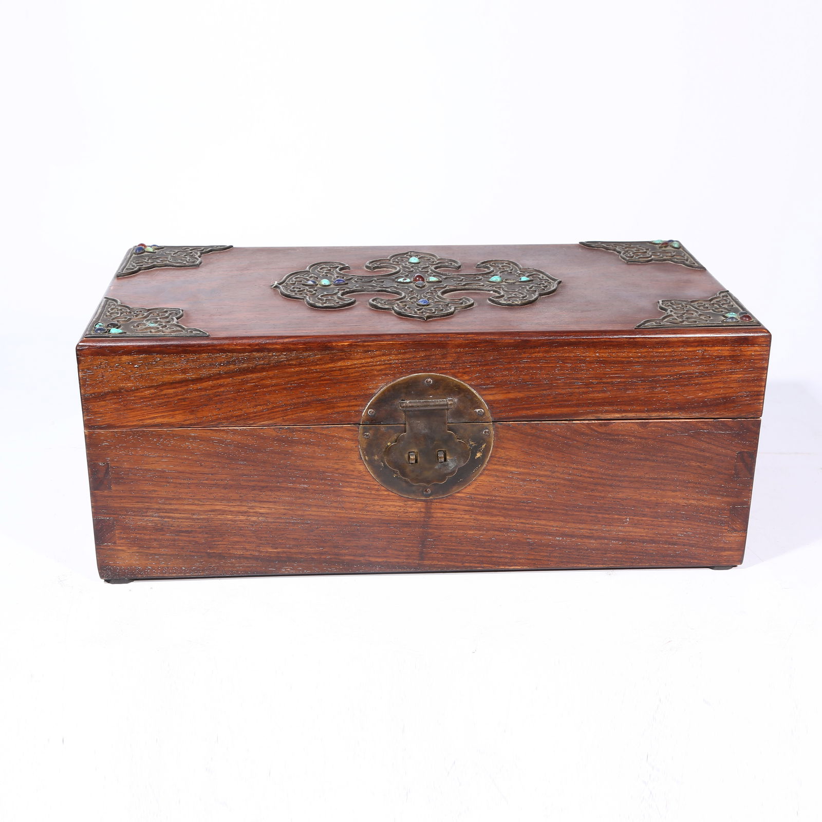 A HUANGHUALI WOOD COVERED BOX WITH GEMSTONE INLAY: Huanghuali Wood Covered Box with Gemstone Inlay