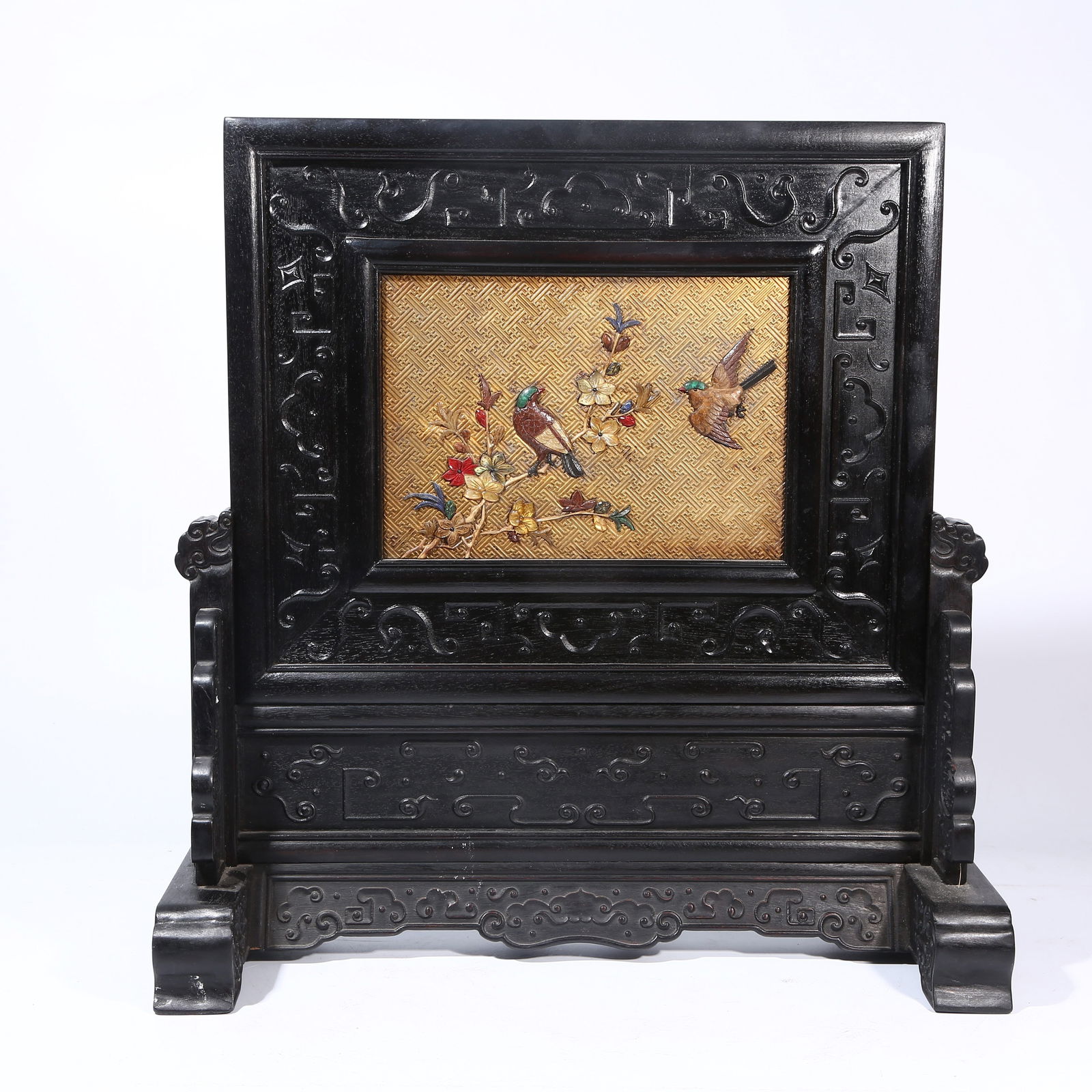 A ZITAN WOOD TABLE SCREEN WITH PRECIOUS INLAYS, FLOWER AND BIRD MOTIF (1 of 9)