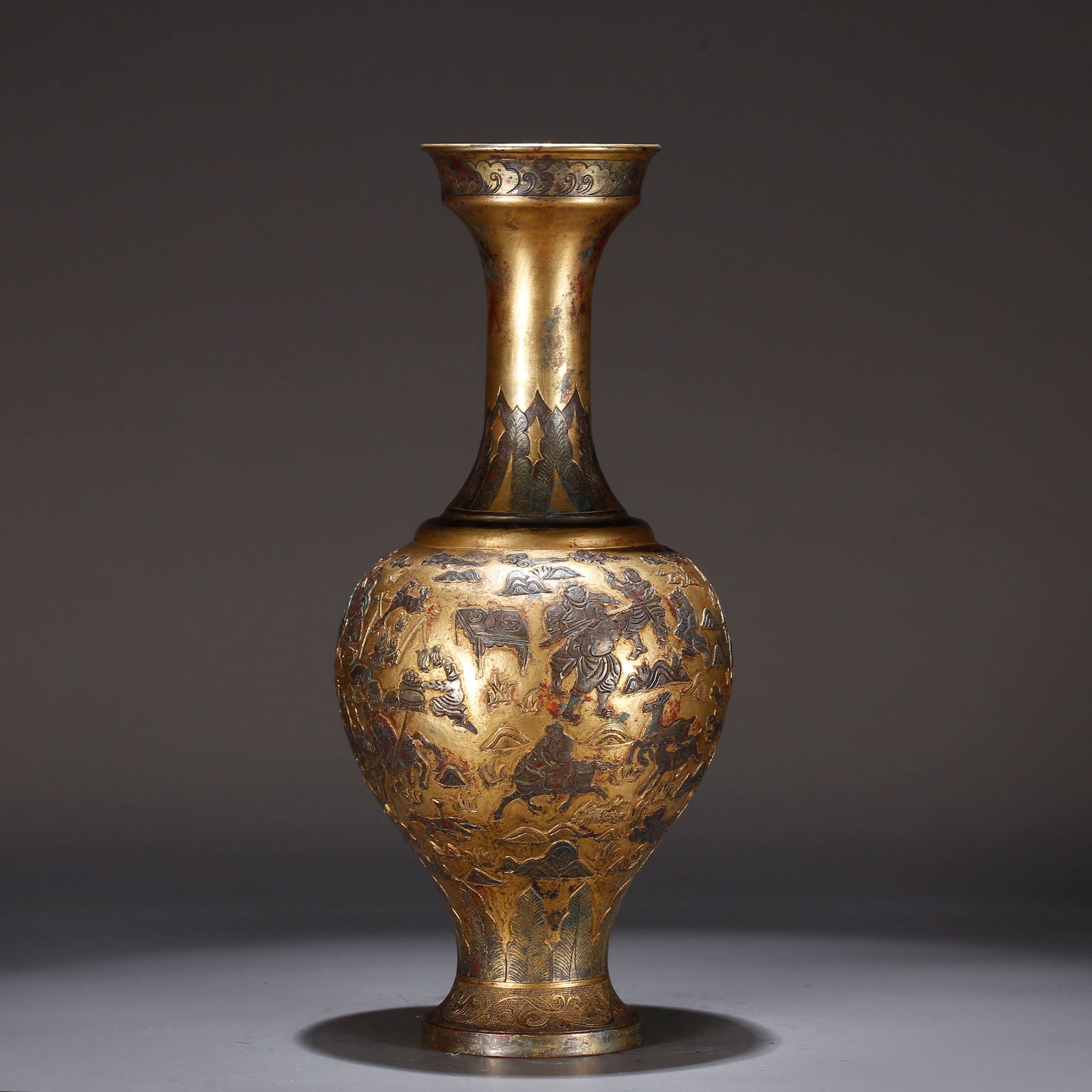 A BRONZE VASE WITH INLAID GOLD AND SILVER FIGURE STORY DESIGN (1 of 10)
