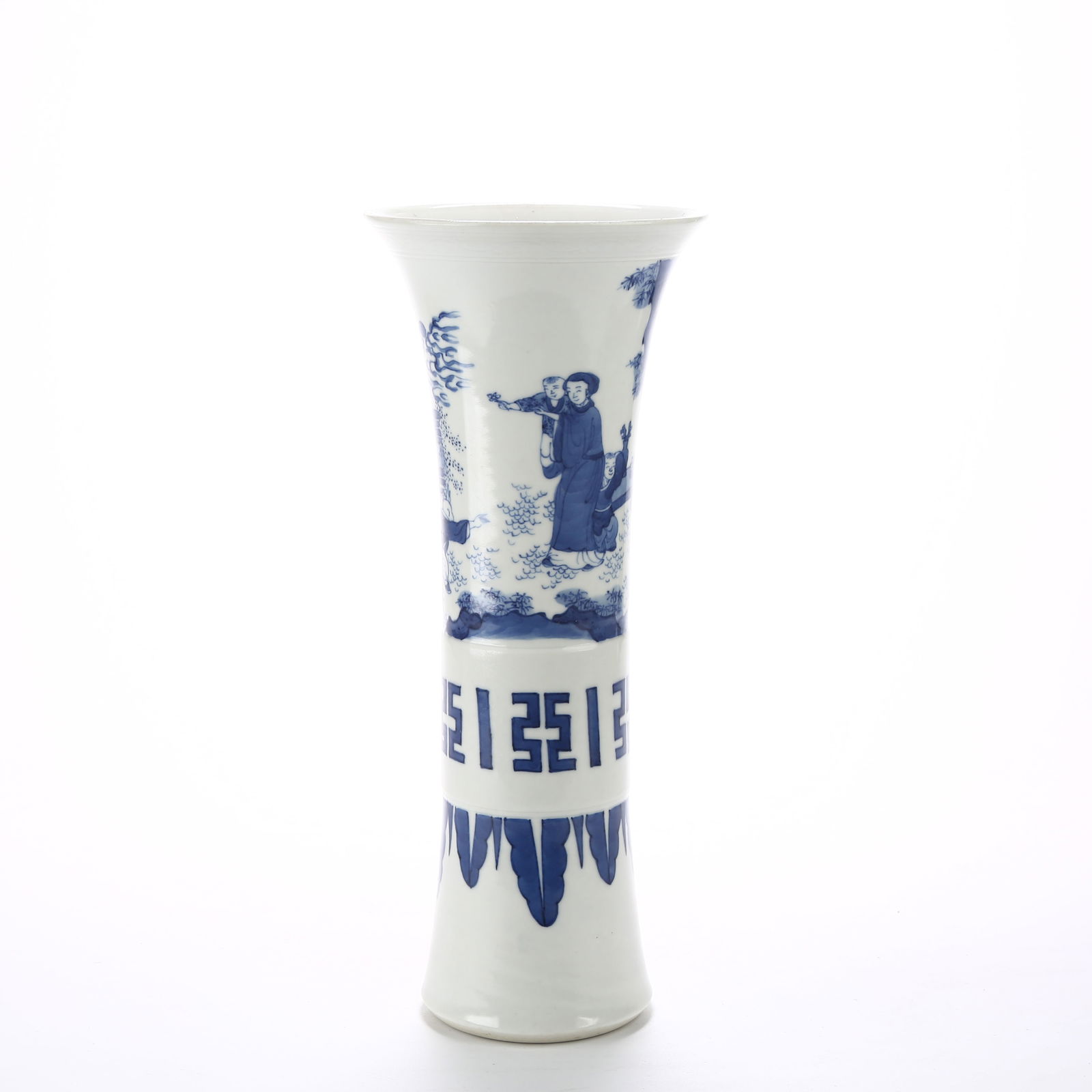 A BLUE AND WHITE FLOWER GU VASE WITH COURTYARD INFANT PLAY SCENE: Blue and White Flower Gu Vase with Courtyard Infant Play Scene
